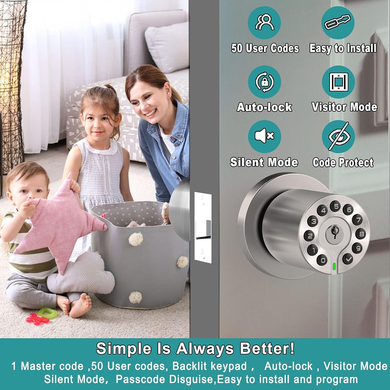 BOTHSTAR Keypad Door Knob with Key,Keyless Entry Door Lock, Code Locks Door Knob, Auto Lock,50 User Code,Easy to Install,for Home,Office,Hotel,Bedroom,Garage,No Deadbolt-Satin Nickel Finish