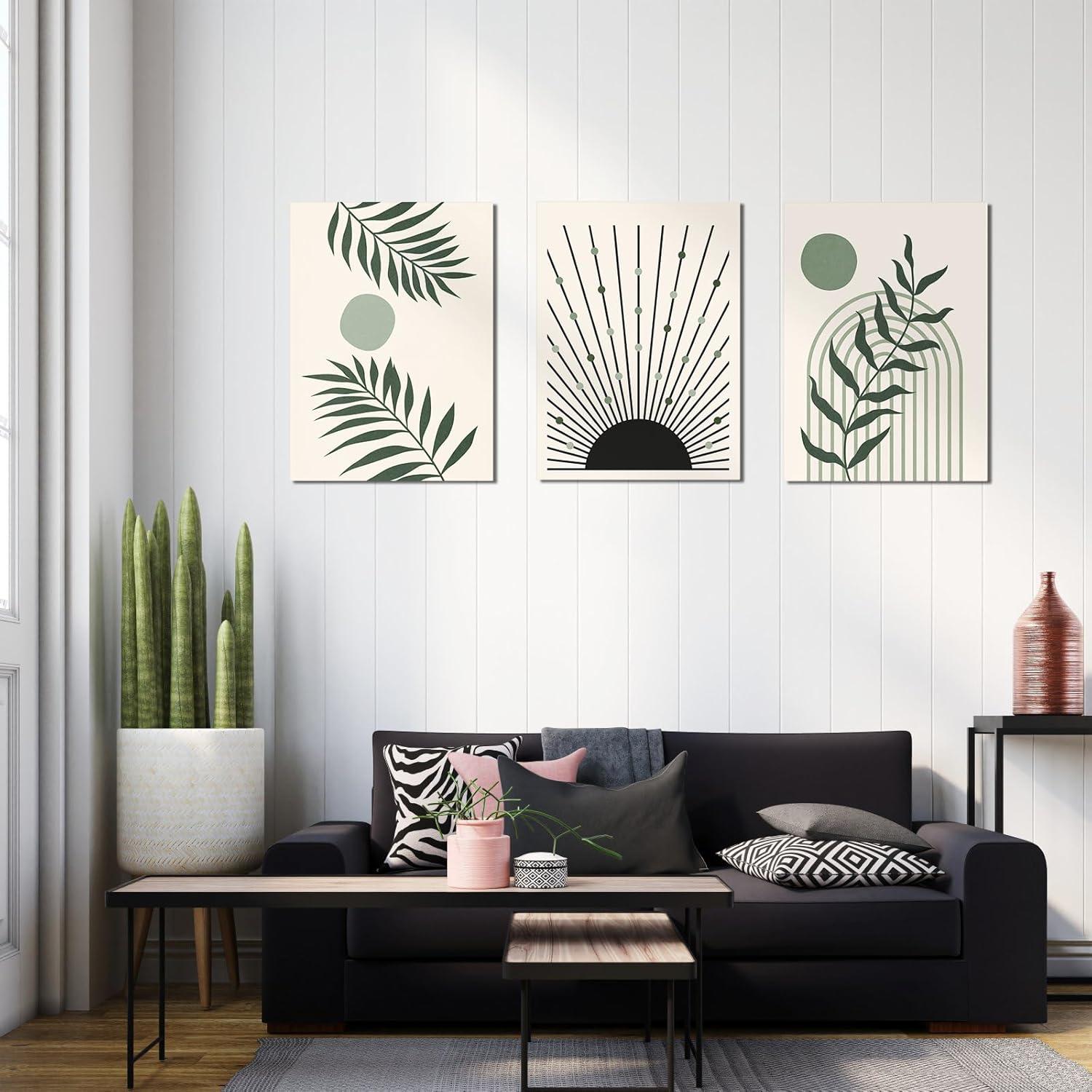 Boho Wall Art, Mid Century Modern Wall Art, Set of 3 Framed Canvas Wall Art Prints 12"x16" Abstract Geometric Neutral Sage Green Boho Artwork Wall Decor for Bedroom Living Room Bathroom