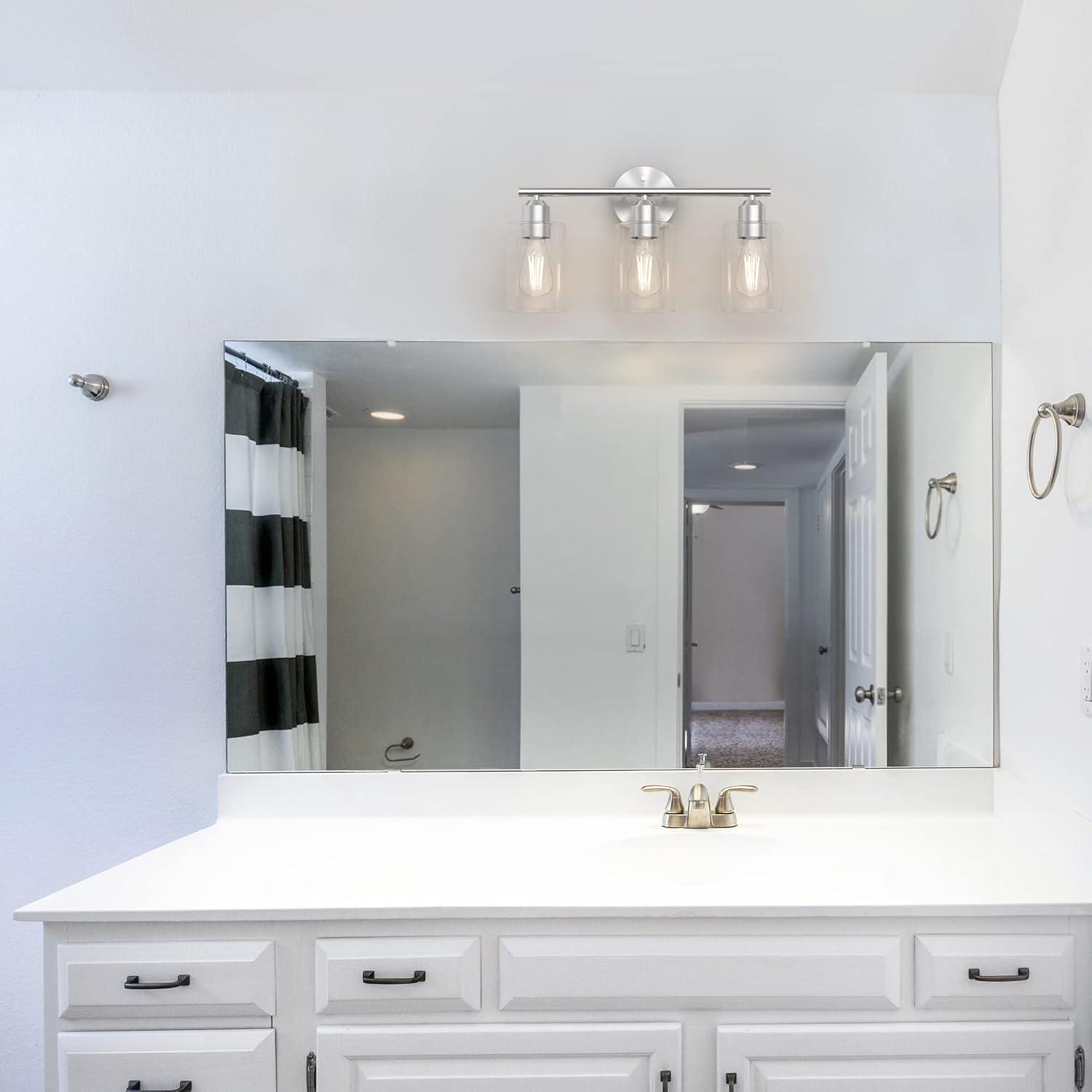 Vanity Wall Light Fixtures, Modern 3 Lights Wall Sconce with Clear Glass Shade, Brushed Nickel Farmhouse Wall Lamp for Bathroom Mirror Kitchen Porch Living Room Workshop (E26 Base)