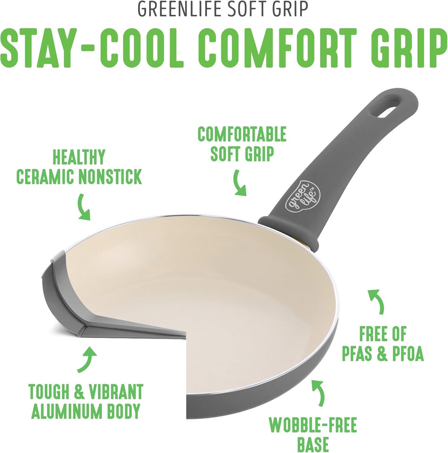 GreenLife Soft Grip 1QT and 2QT Saucepan Set, Healthy Ceramic Nonstick, Non Toxic PFAS & PFOA-Free, Dishwasher Safe, Glass Lids, Stay-Cool Handles, Easy Clean Cookware, Kitchen Essentials, Gray