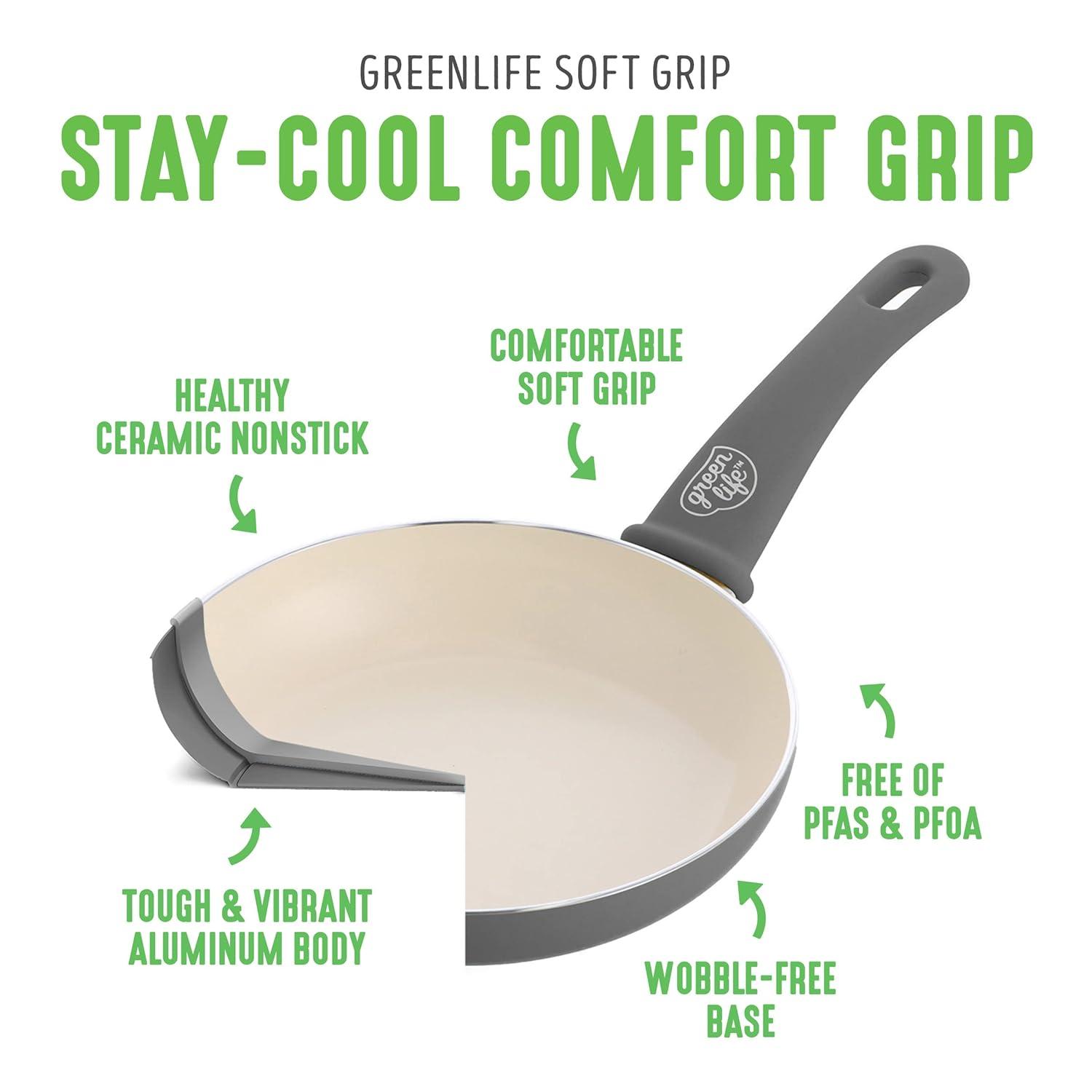 GreenLife Soft Grip 1QT and 2QT Saucepan Set, Healthy Ceramic Nonstick, Non Toxic PFAS & PFOA-Free, Dishwasher Safe, Glass Lids, Stay-Cool Handles, Easy Clean Cookware, Kitchen Essentials, Gray