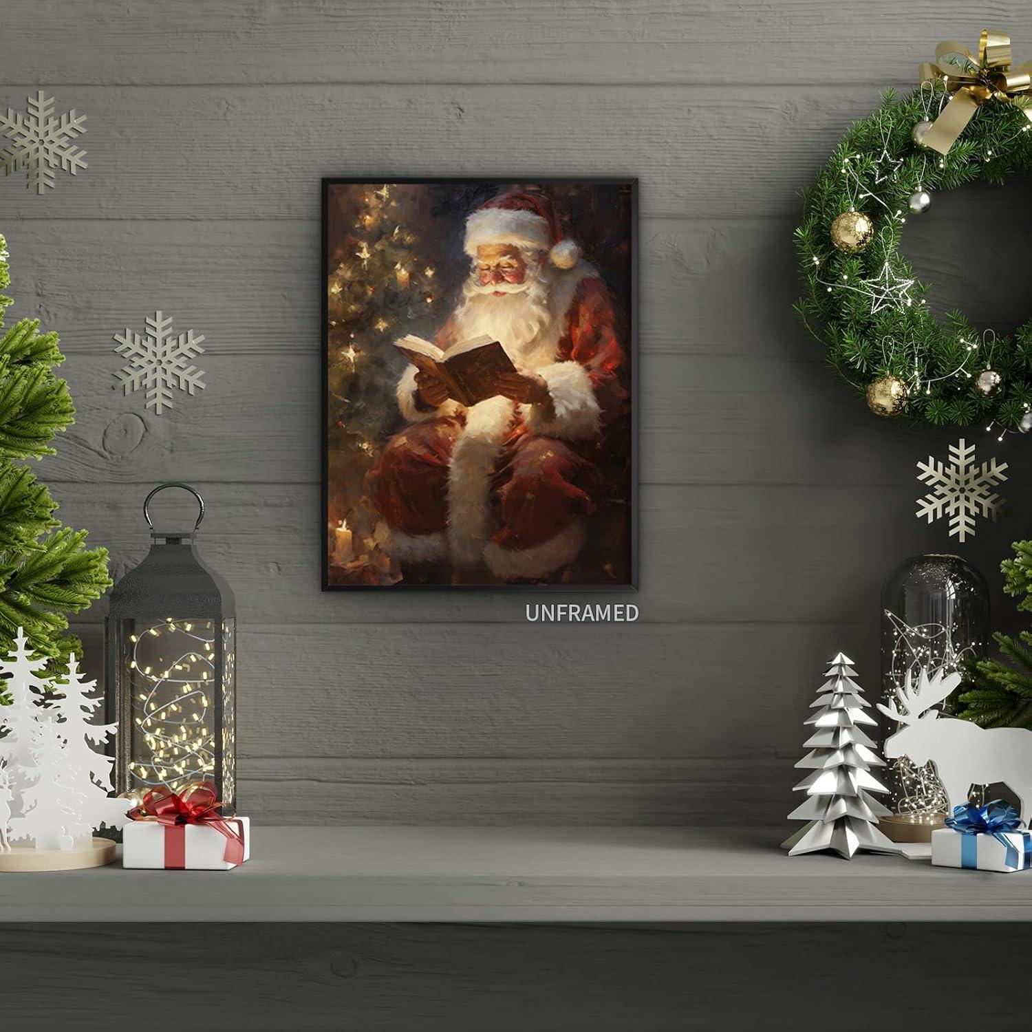 Vintage Christmas Santa Claus Reading Canvas Wall Art