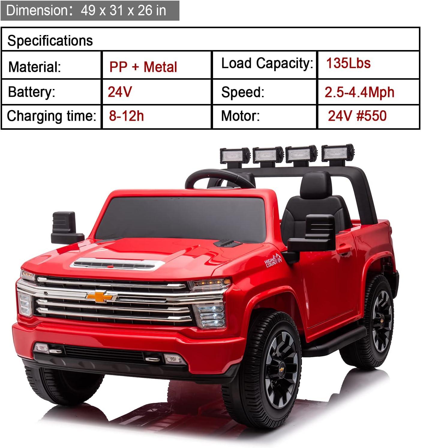 LUIBAS 24V Ride on Toy, 2 Seater Licensed Chevrolet Silverado HD with Remote Control, Battery Powered Kids Electric Ride on Truck for Boys Girls with Wear-Resistant EVA Tires, Music, Bluetooth, Red