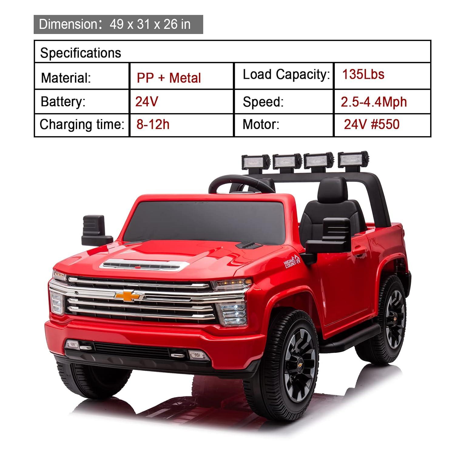 LUIBAS 24V Ride on Toy, 2 Seater Licensed Chevrolet Silverado HD with Remote Control, Battery Powered Kids Electric Ride on Truck for Boys Girls with Wear-Resistant EVA Tires, Music, Bluetooth, Red