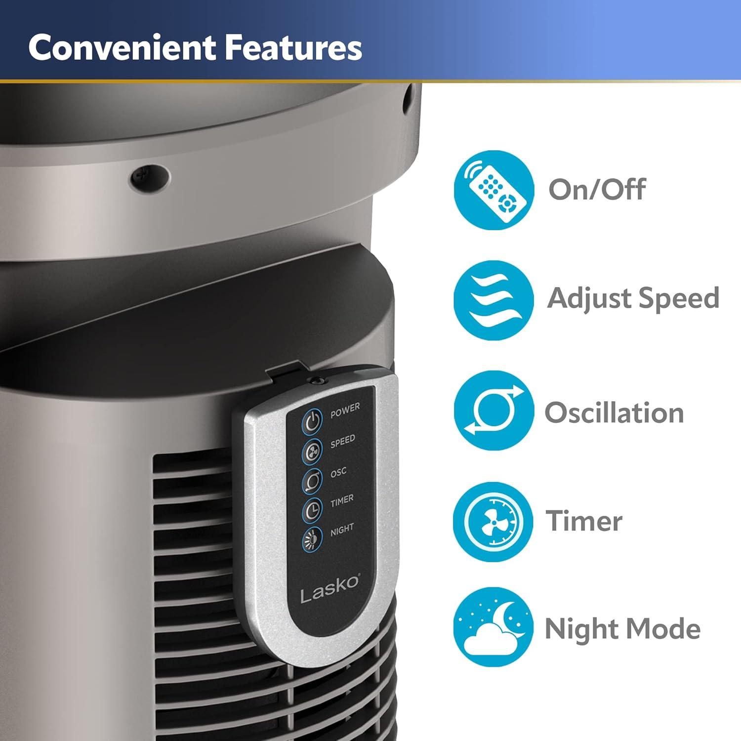 Lasko 42" Wind Curve Tower Fan with Nighttime Setting, Timer and Remote, Gray/Brown, T42954, New