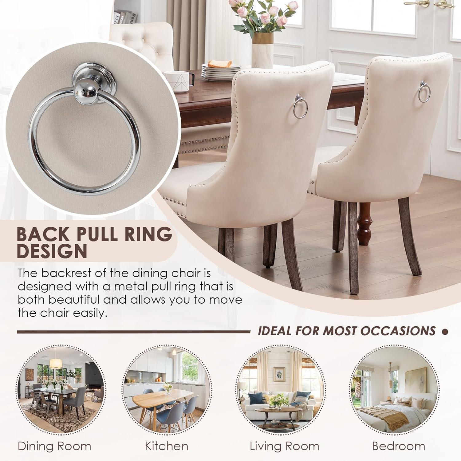 BELLEZE Upholstered Dining Chairs Set of 2, Velvet Luxury Dining Room Chairs with Button Back, Nailhead Trim, Pull-ring, Solid Wood Legs for Kitchen, Living Room, Restaurant - Chandler (Beige)