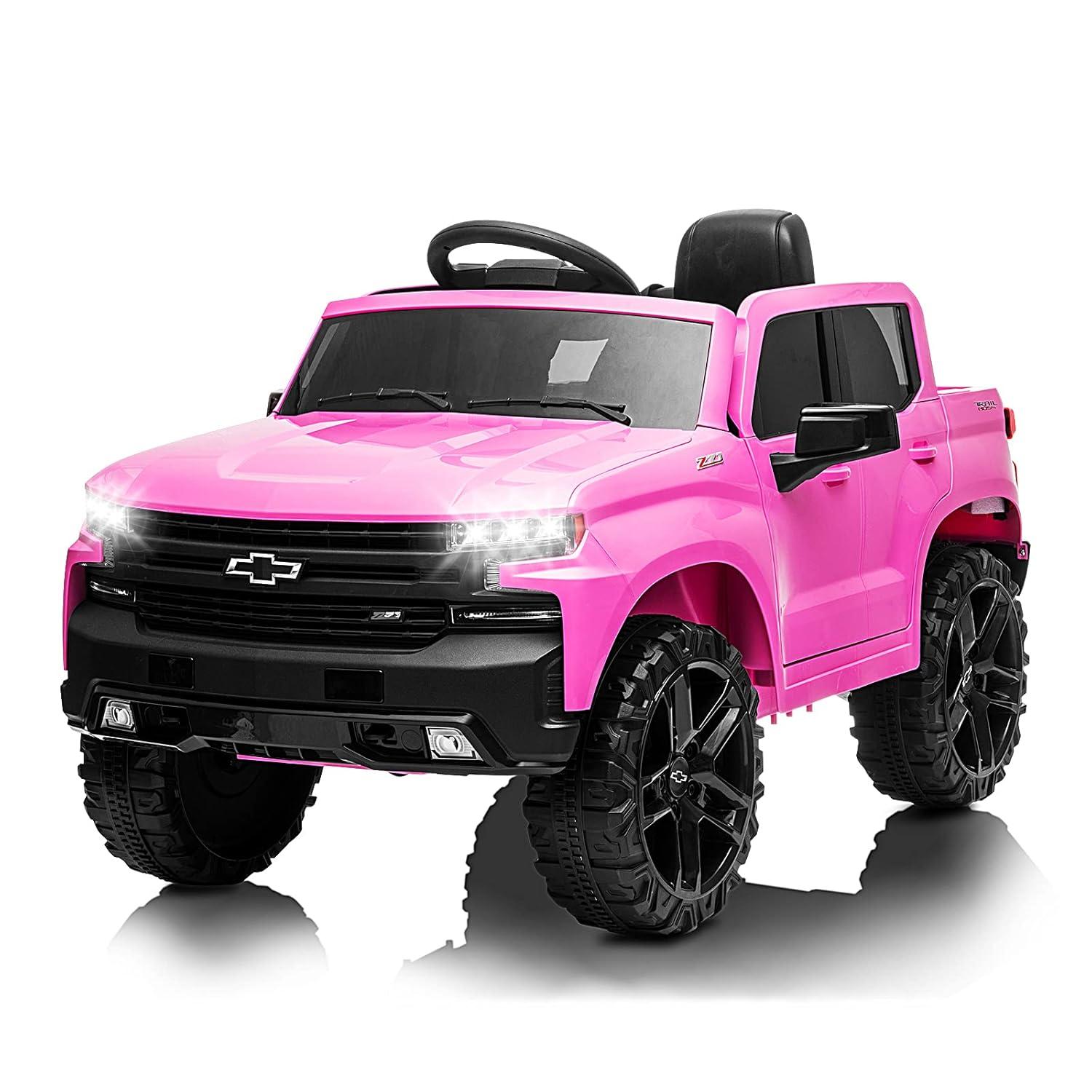 Jojoka 12V Licensed Chevrolet Silverado GMC Ride on Truck Car for Kids Battery Powered Electric Toys Vehicles with Remote Control, LED Light, Bluetooth, Spring Suspension, for 3-8 Years Old, Pink