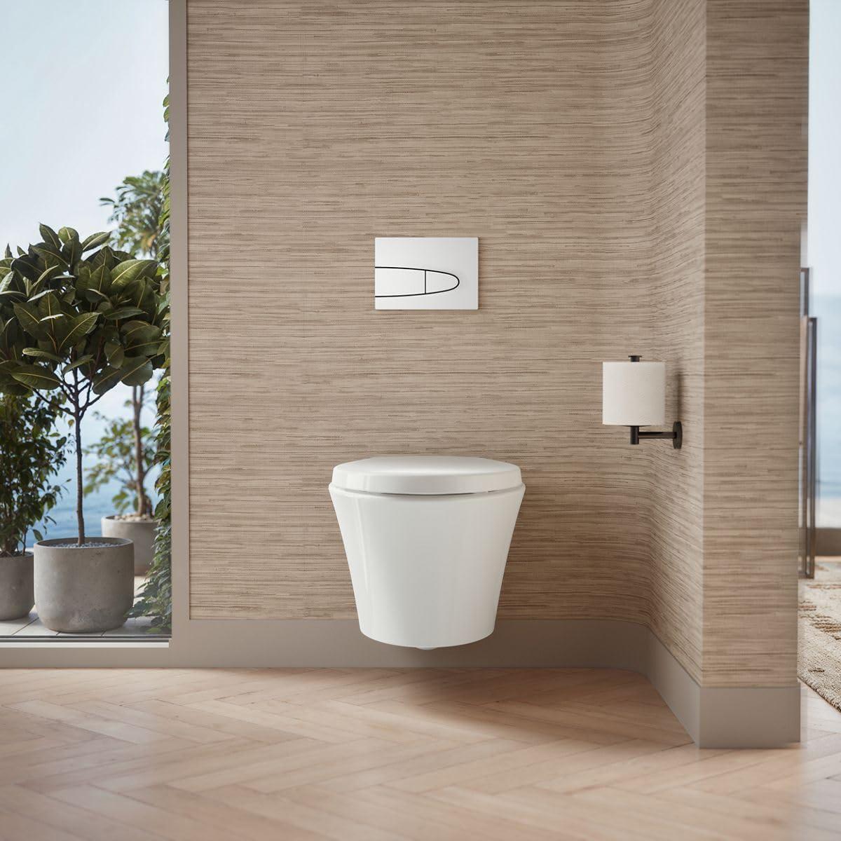White Wall-Hung Elongated Ceramic Toilet with Skirted Trapway