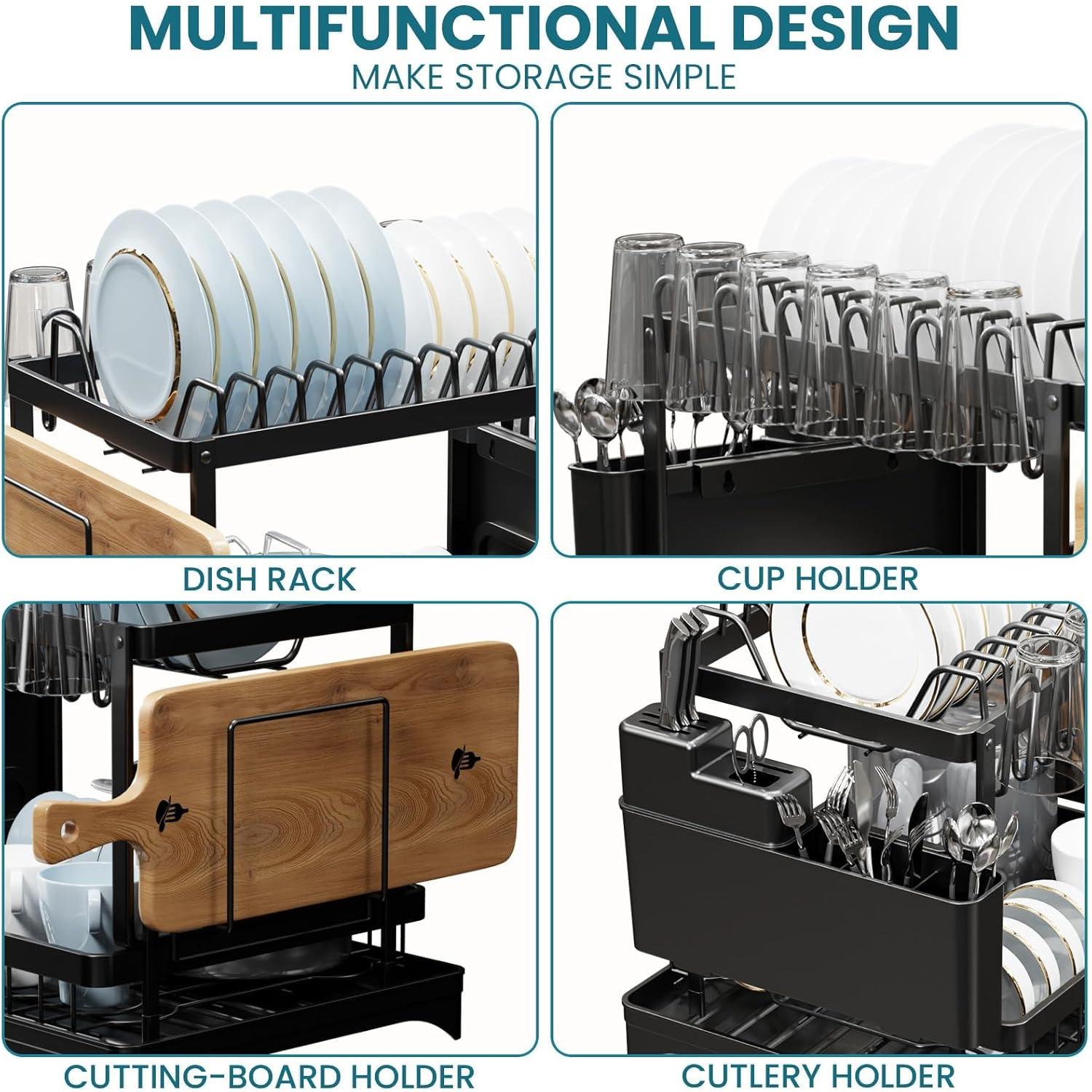 Dish Drying Rack and Drainboard Set, Large Dish Racks for Kitchen Counter, 2 Tier Dish Strainers, Black Dish Drainer with Utensils, Pot, Knives, Cutting Board Holders and Drying Mat