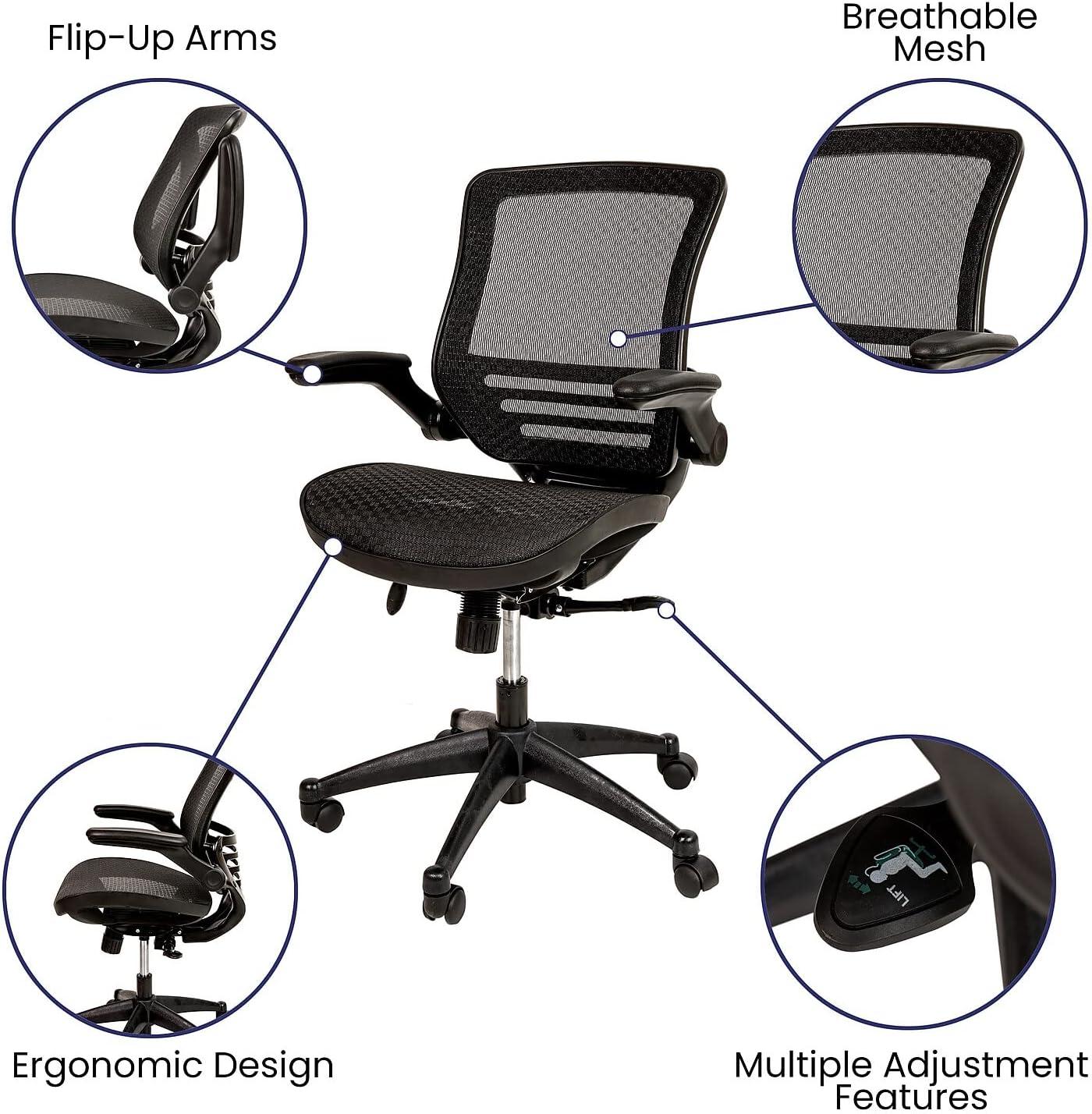 Flash Furniture Warfield Mid-Back Transparent Black Mesh Executive Swivel Office Chair with Black Frame and Flip-Up Arms