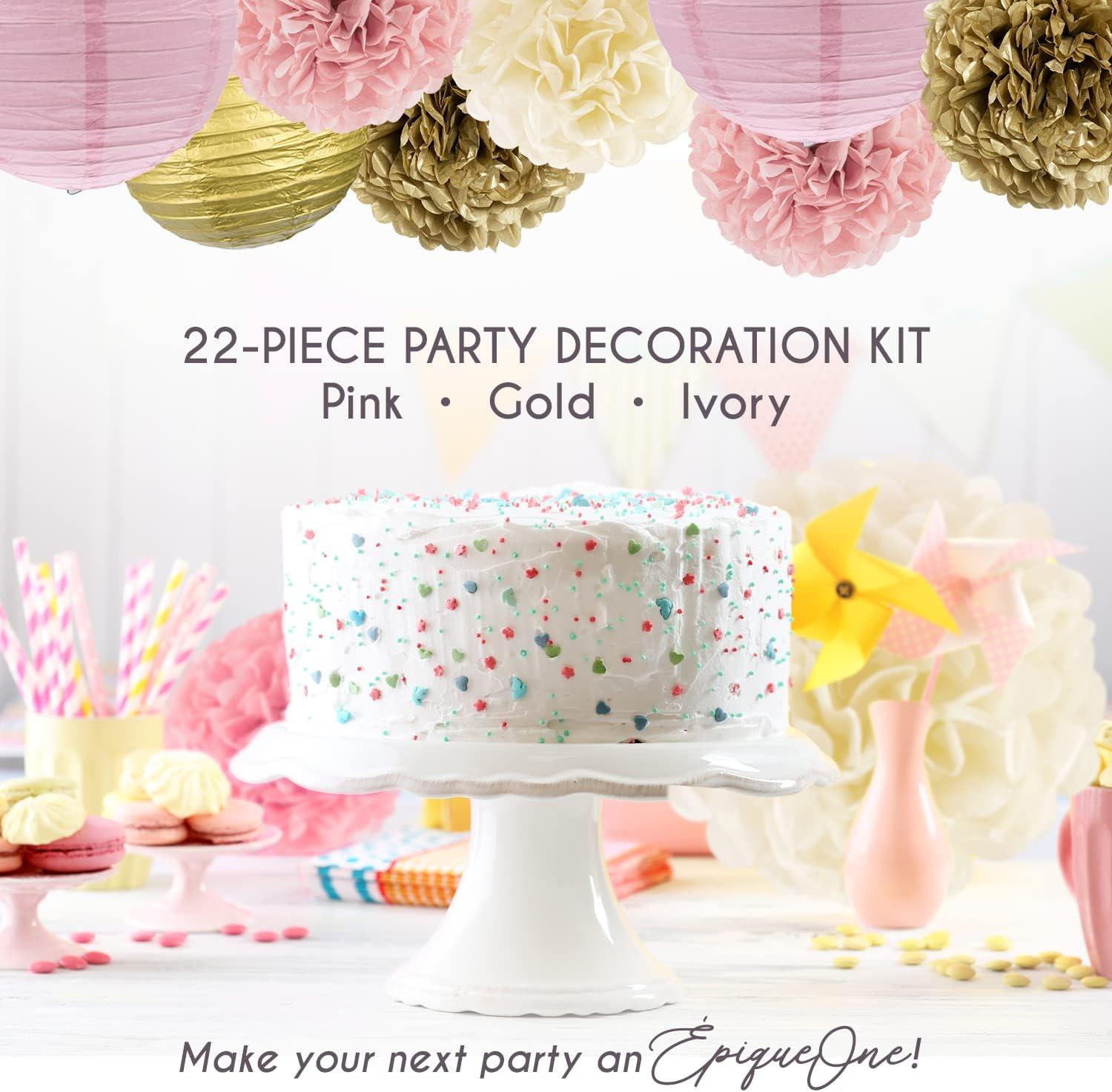 EpiqueOne 22pc Pink, Gold, and Ivory Decorative Party Decoration Kit with Paper Pom Poms and Lanterns
