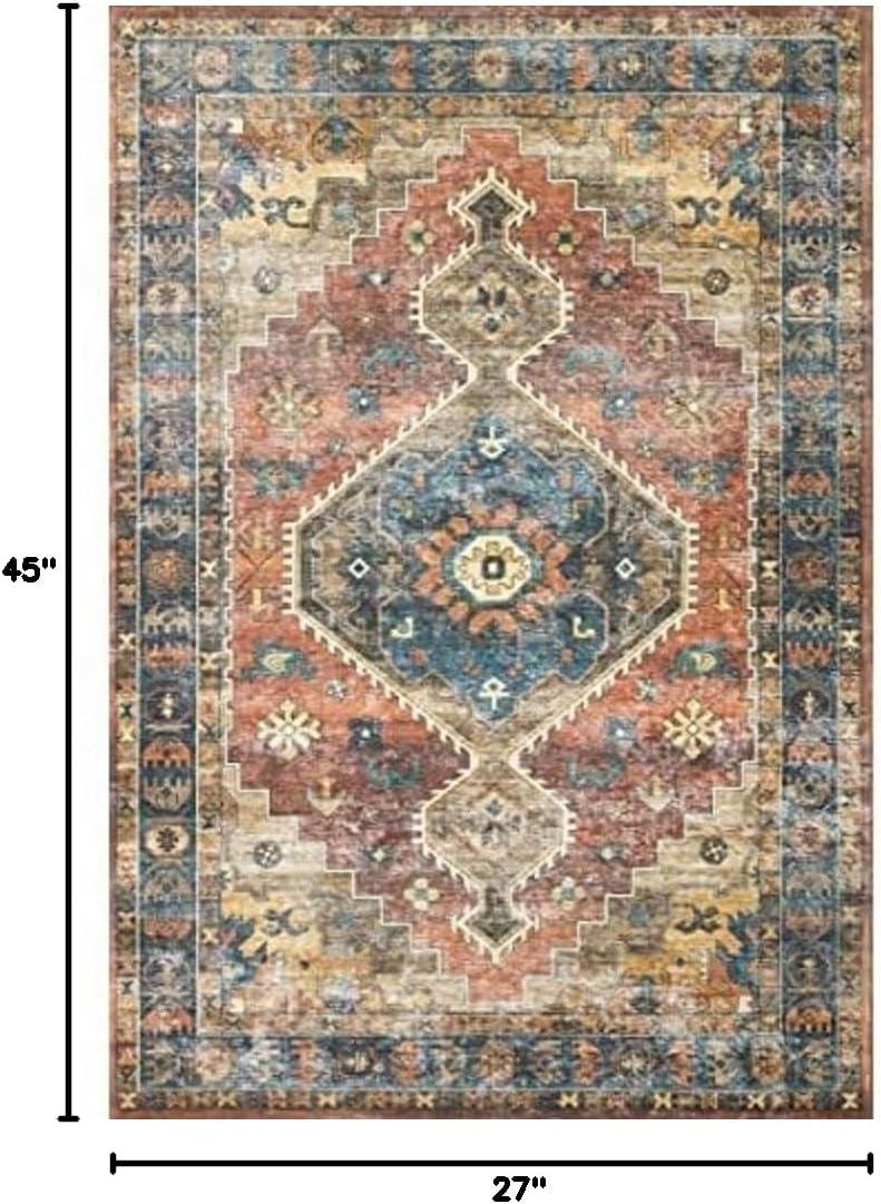 Rust and Blue Vintage Rectangular Polyester Area Rug