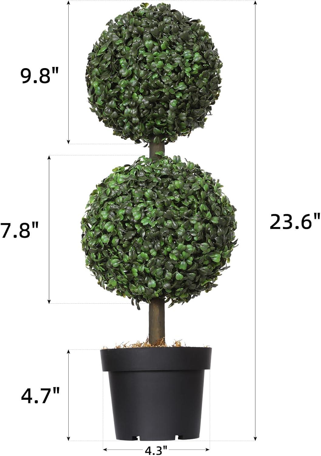 HOMCOM 2 Pack 23.5" Artificial Boxwood Topiary Ball Trees Set of 2, Double Ball-Shaped Boxwood Artificial Topiary Plants for Indoor Outdoor, Green