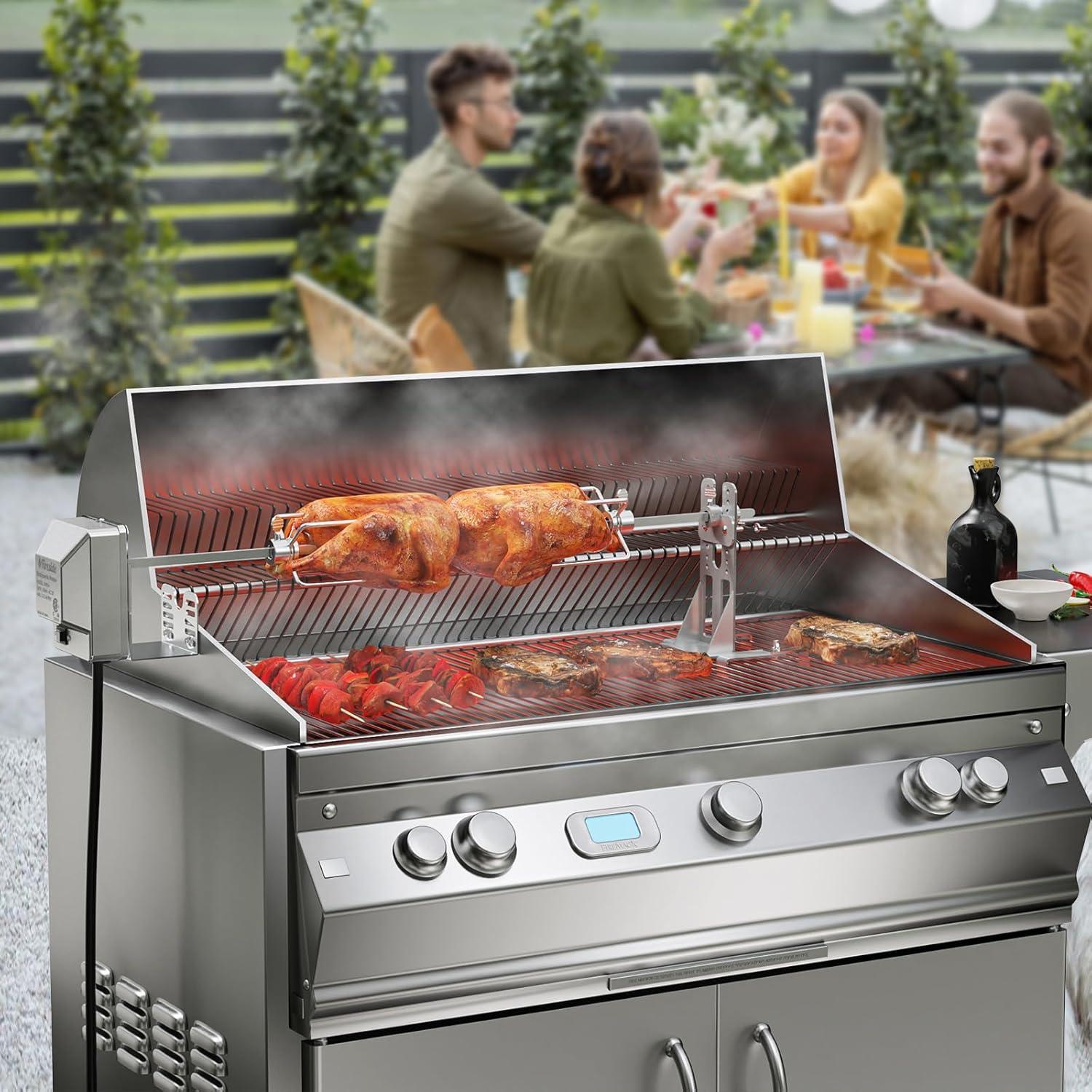 TURBRO Stainless Steel Rotisserie Kit for Most Gas Grills - Includes 4W Electric Motor, 28'' × 5/16" Square Spit Rod, Adjustable Height Support Bracket, Meat Forks - Ideal for Outdoor BBQ