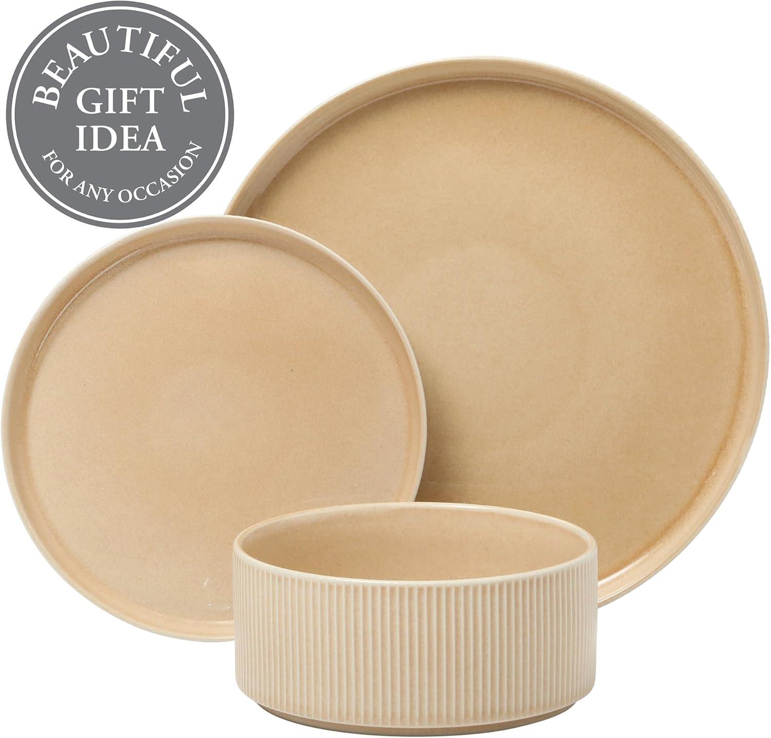 Gibson Elite Solana Coast 12 Piece Stoneware Reactive Glaze (Service for 4) Ceramic Plates and Bowls Modern Shape Embossed Dinnerware Set - Orange