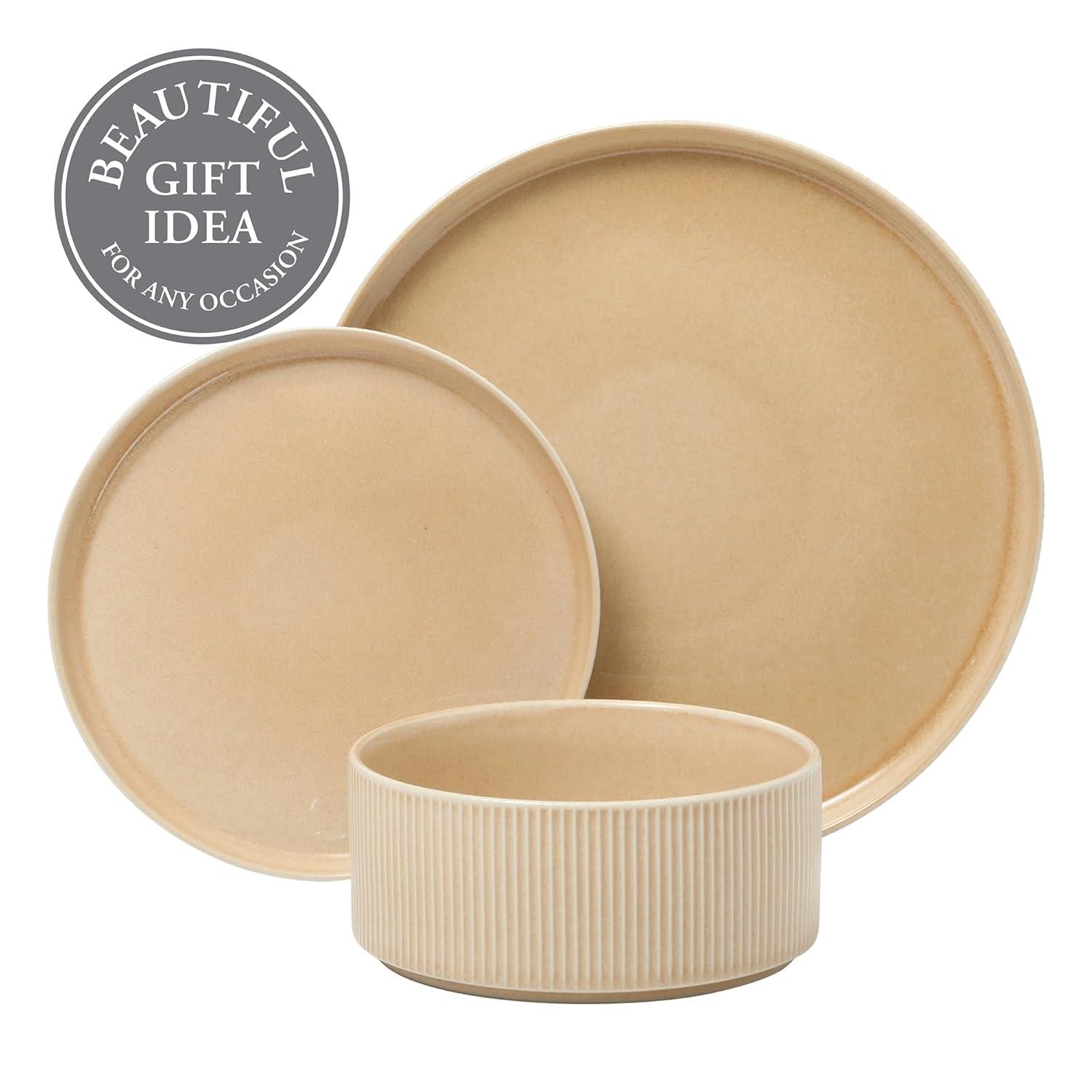 Gibson Elite Solana Coast 12 Piece Stoneware Reactive Glaze (Service for 4) Ceramic Plates and Bowls Modern Shape Embossed Dinnerware Set - Orange