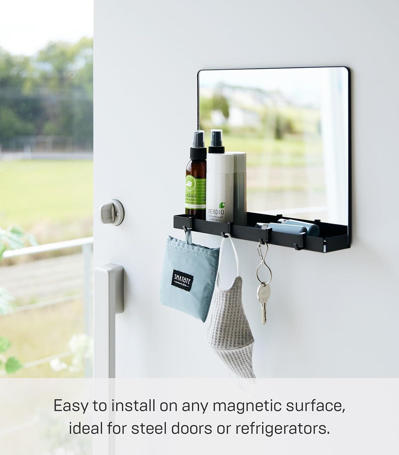 Black Magnetic Mirror with Storage Rack and Hooks