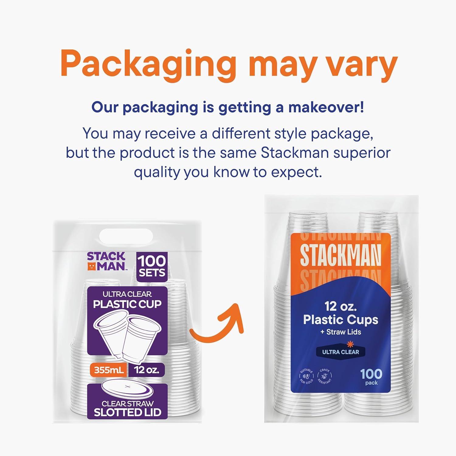 Stack Man Clear Plastic Cups with Lids 12 oz [100 Sets] Disposable Iced Coffee Cups with Straw Lids