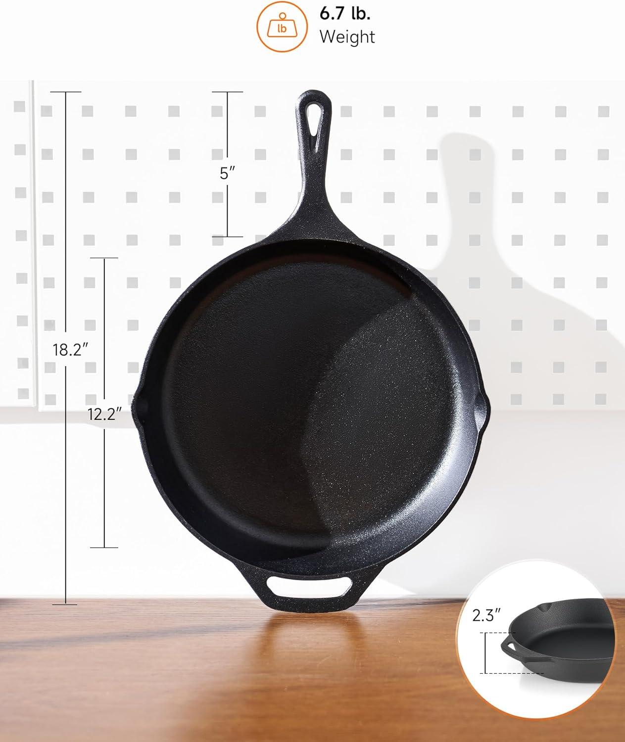 12-Inch Black Cast Iron Skillet with Red Silicone Handle