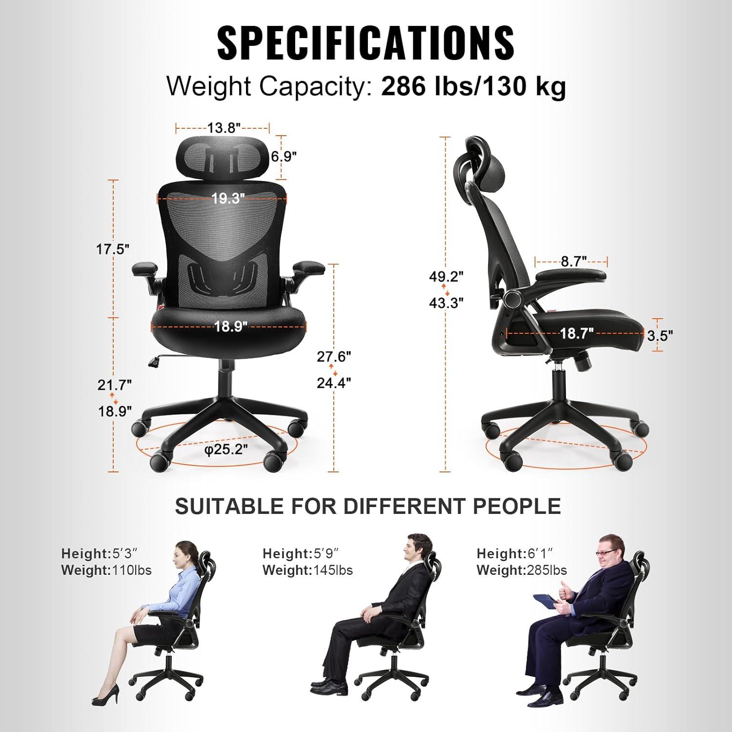 VEVOR Office Chair with Adjustable Lumbar Support, High Back Ergonomic Desk Chair with Adjustable Headrest, 2D Armrest, Ergonomic Office Chair Backrest, Computer Chair for Home Office