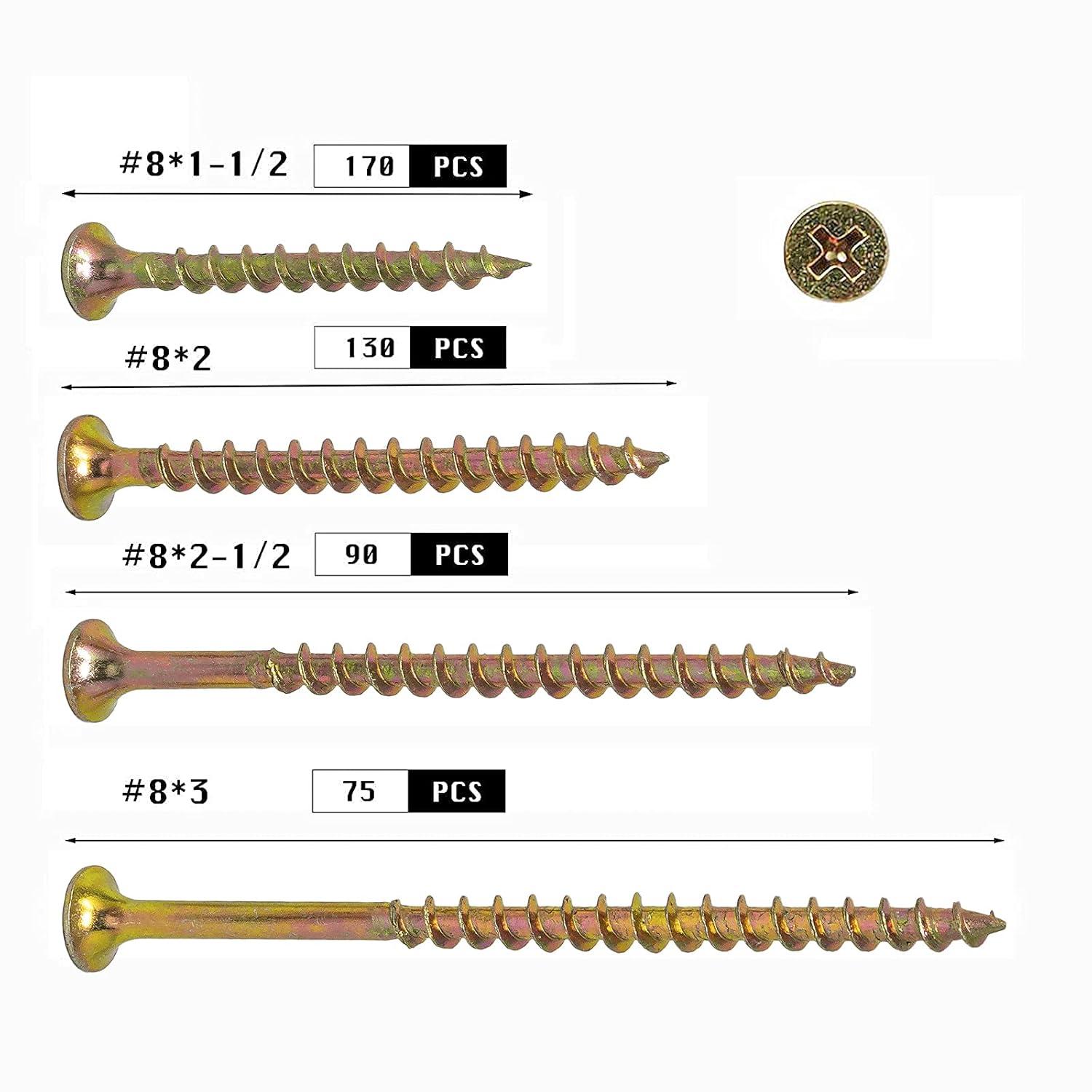T.K.Excellent Wood Interior Construction Screw Coarse Thread Phillips Drive Bugle Head Yellow Zinc Drywall Screw Assortment Kit,465 Pieces
