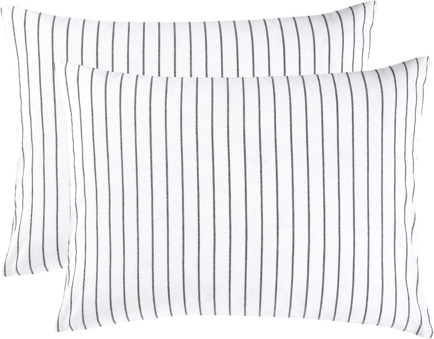 Wake In Cloud - Striped Pillow Cases, 100% Washed Cotton, Ticking Stripe Vertical Pinstripe Neutral Farmhouse, Set of 2 Pillowcases Pillow Shams Covers, Gray, Standard Size 20x26 Inches