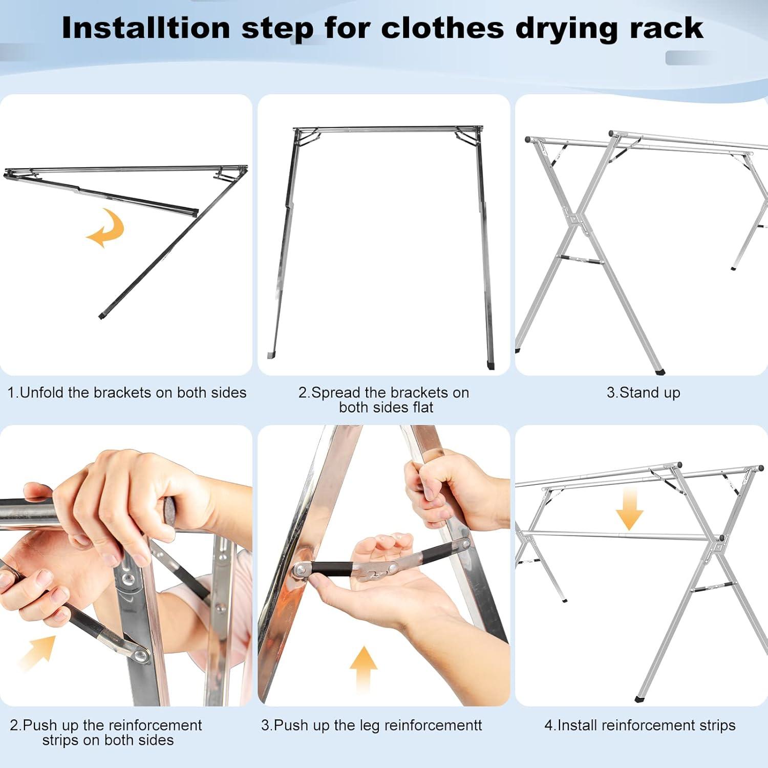 Sillars Clothes Drying Rack, 79 inches Laundry Drying Rack Clothing Foldable & Collapsible Stainless Steel Heavy Duty Clothing Drying Rack with Windproof Hooks for Indoor Outdoor