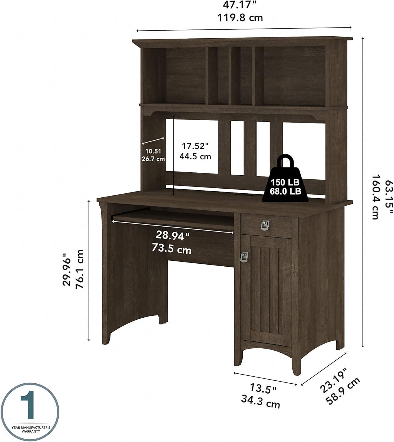 Ash Brown Mission Style Desk with Hutch and Integrated Cable Management