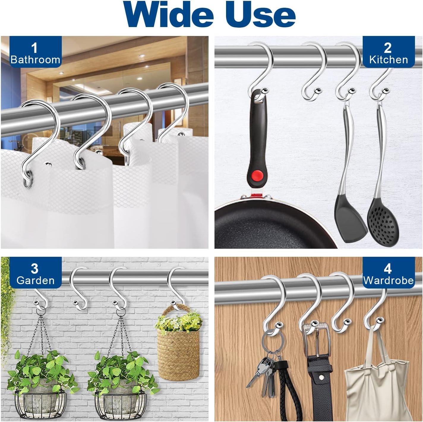 Shower Curtain Hooks Rings, Stainless Steel S Shaped Shower Hooks Rust Proof, Shower Curtain Hangers for Shower Curtain, Kitchen, Wardrobe & Garden,
