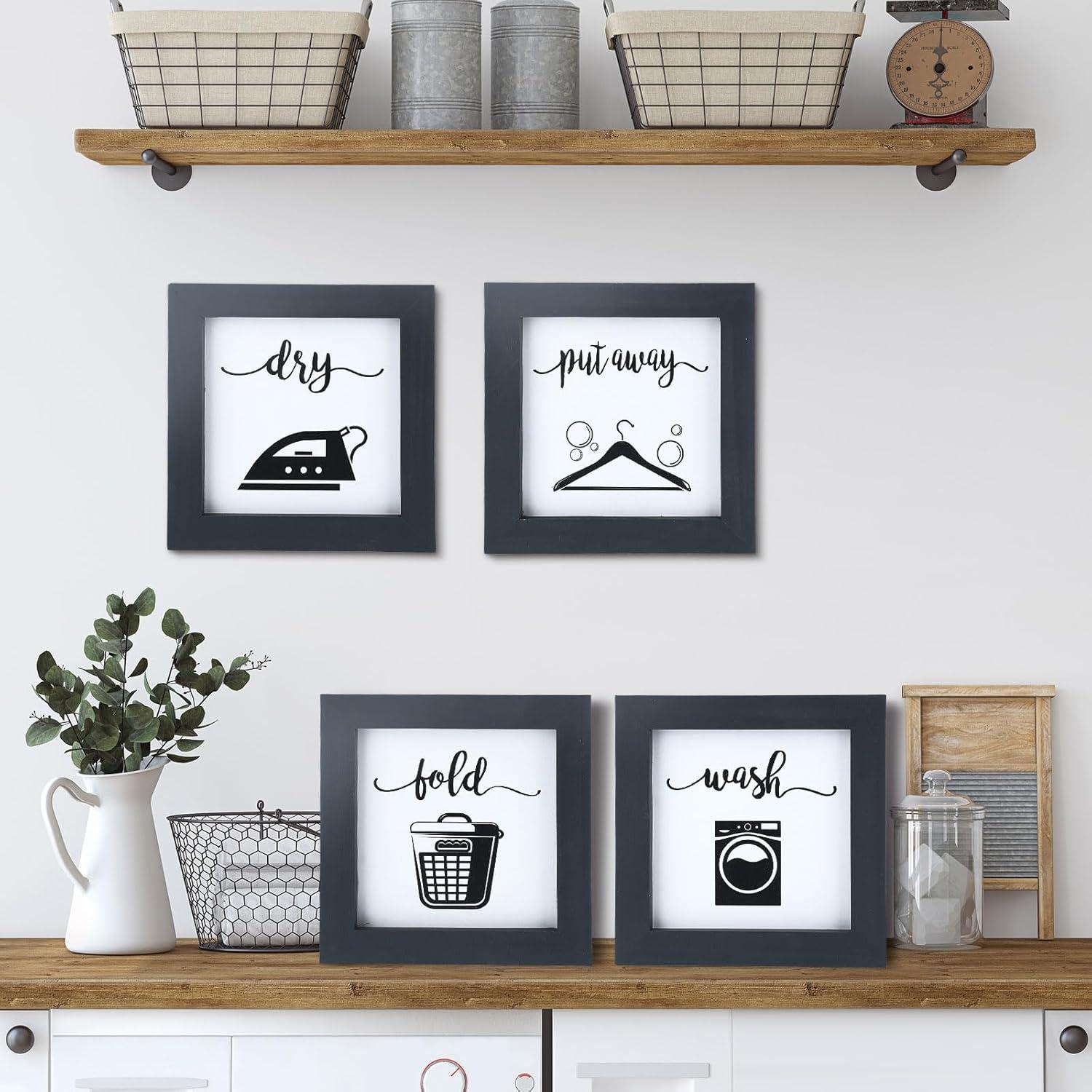 Bucherry Laundry Sign Set of HYZ01 4 Rustic Wood Wash Dry Fold Put Away Laundry Signs Wall Decor Wall Hanging Art Decor Wood Signs for Laundry Room Vintage Farmhouse Decorations for Home Supplies