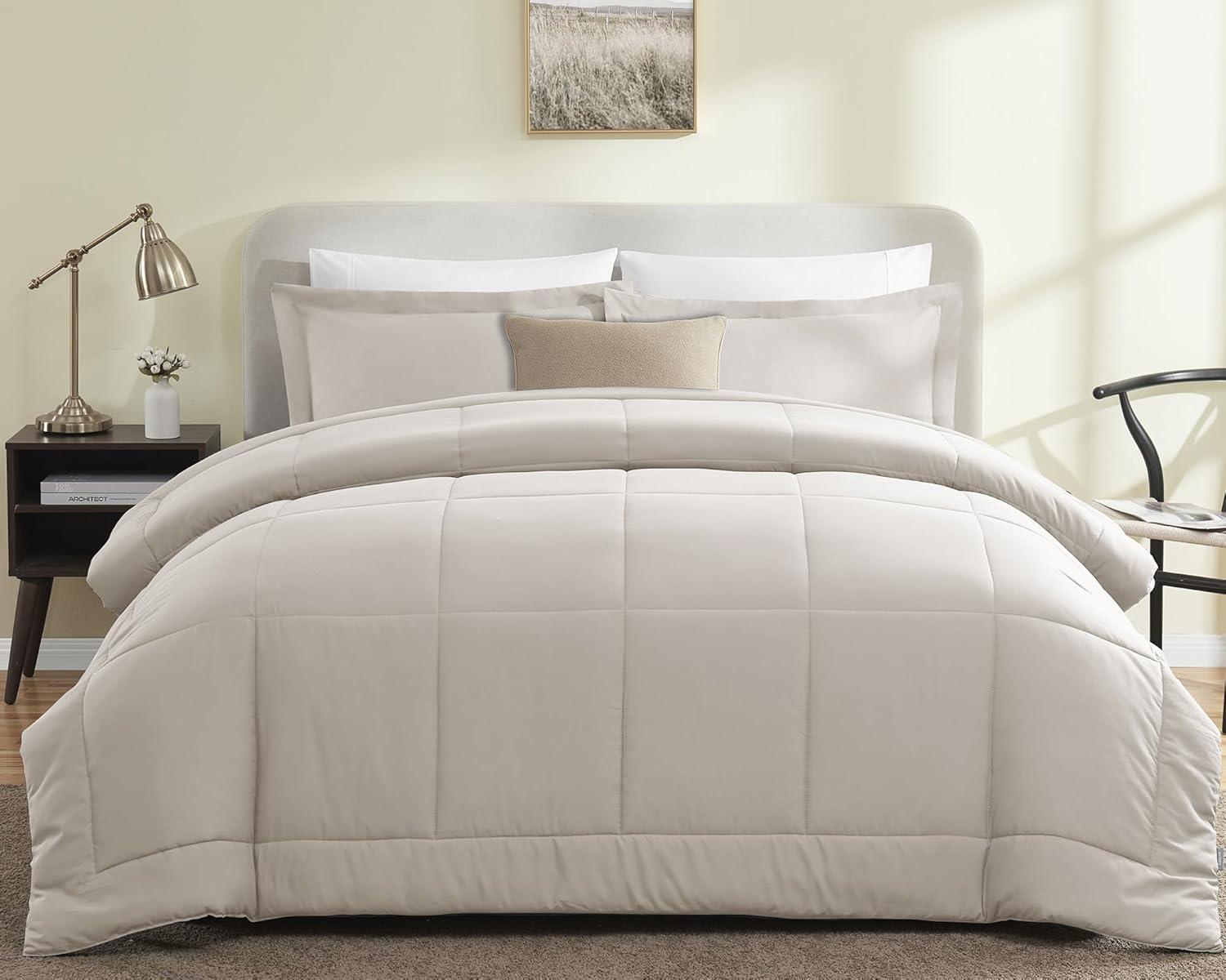 CozyLux Queen Size Comforter Sets - Beige Comforter Queen Size, 3 Pieces Box Stitched Soft Lightweight Bed Set, All Season Bedding Sets with 1 Down Alternative Comforter and 2 Pillow Shams