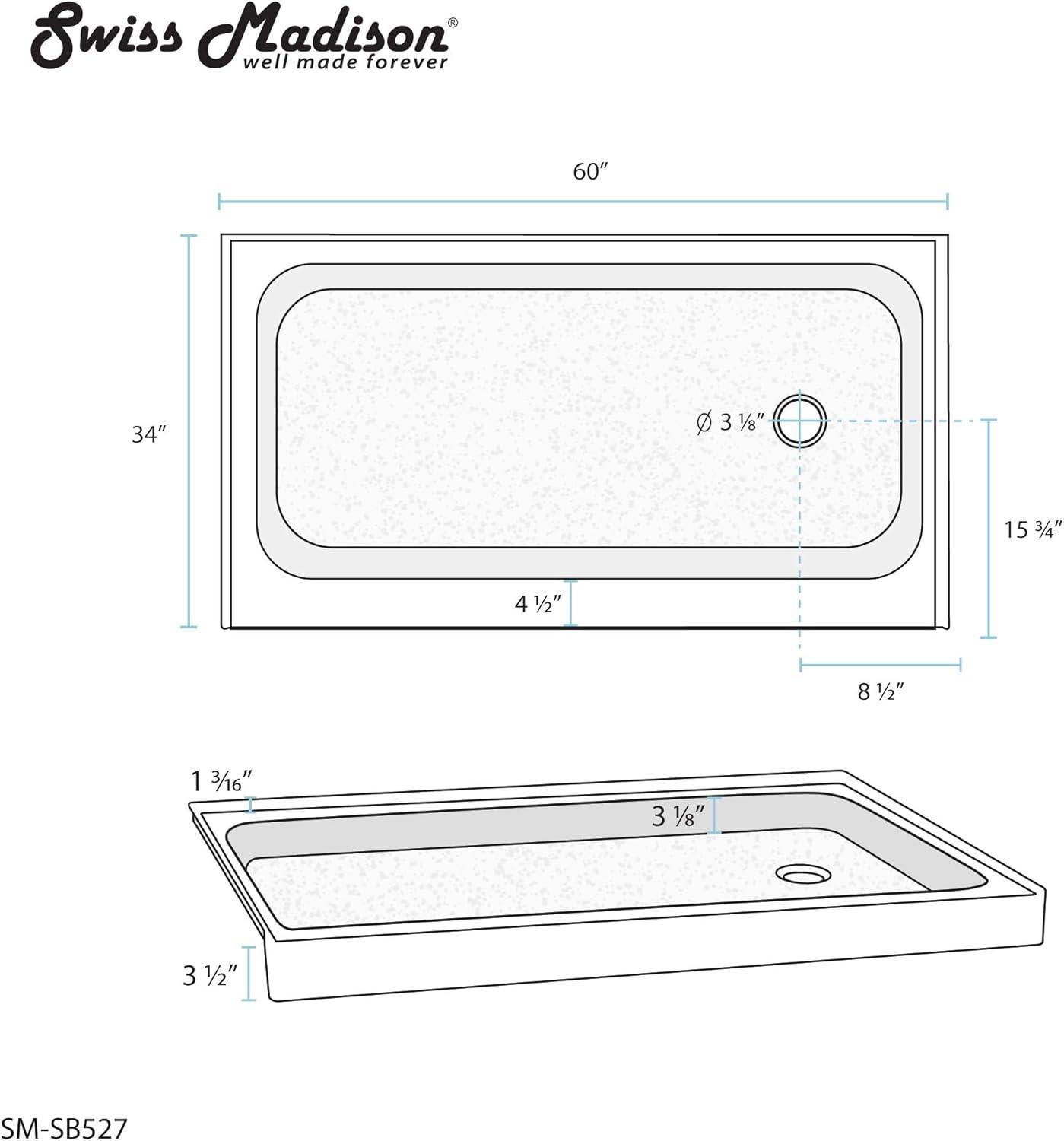 Voltaire 60" x 34" Acrylic White, Single-Threshold, Shower Base