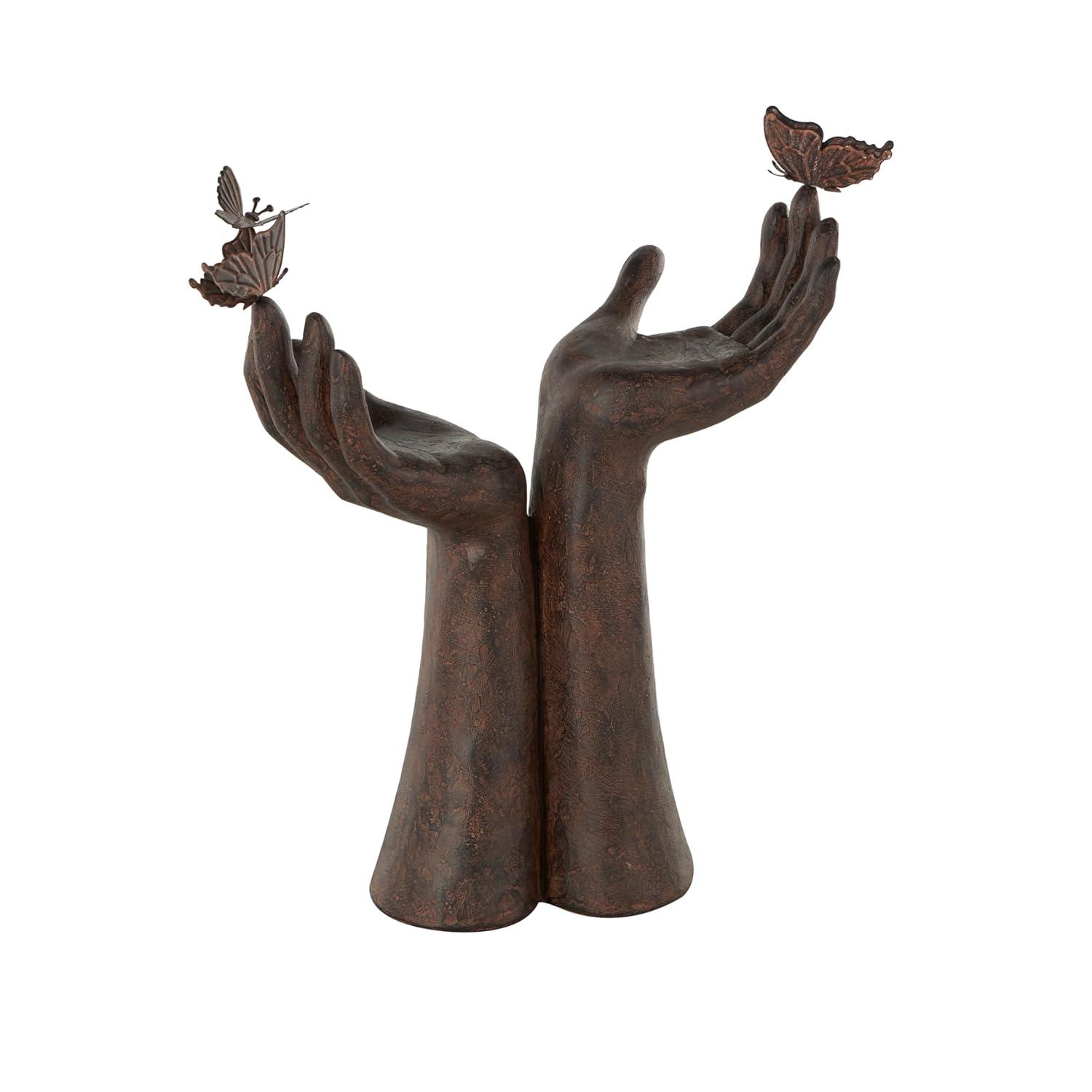 Deco 79 Polystone Hands Decorative Sculpture Raised Home Decor Statue with Butterfly Accents, Accent Figurine 13" x 5" x 14", Dark Brown