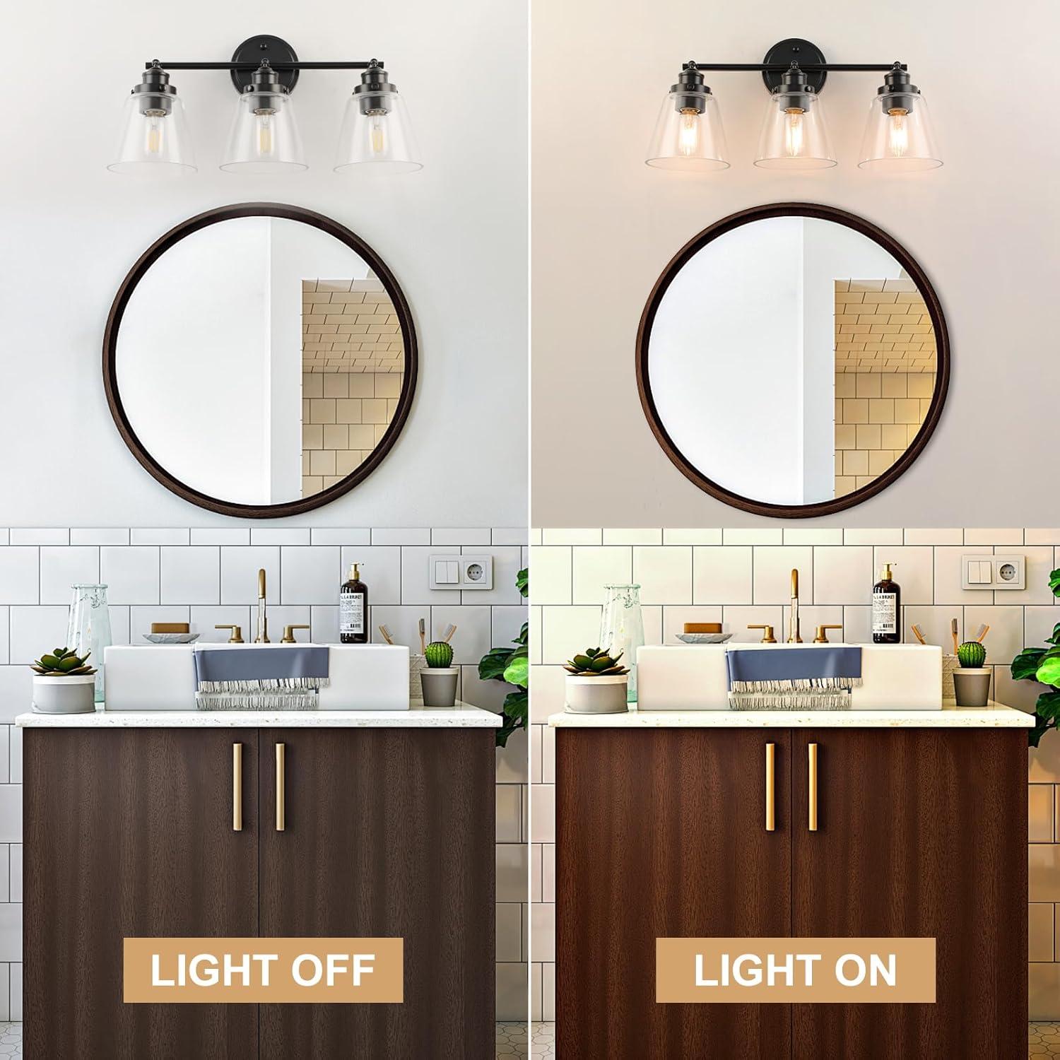 3-Light Bathroom Light Fixtures Bathroom Vanity Lights with Clear Glass Shades Matte Black Bathroom Light Fixtures over mirror for Mirror Living Room Cabinet Bedroom Porch