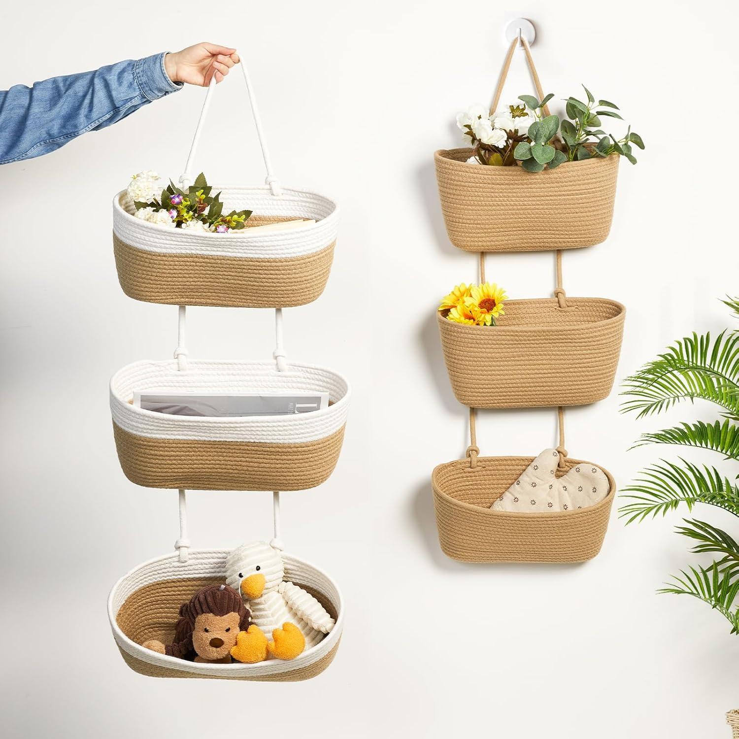 TeoKJ Over the Door Hanging Baskets with Button Strap, 3-Tier Woven Cotton Storage Organizer Bag, Wall-Mounted with Hook Decorative Hanging Kitchen Baskets - White