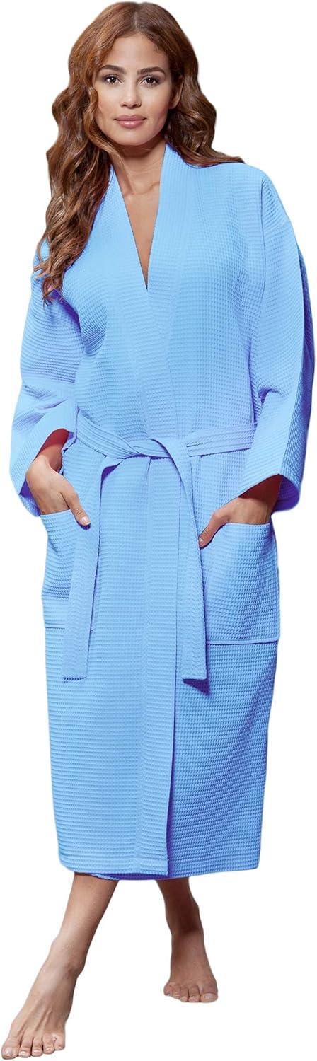 Turquaz Linen Lightweight Long Waffle Kimono Unisex Spa Robe (XXL, Serenity Blue)