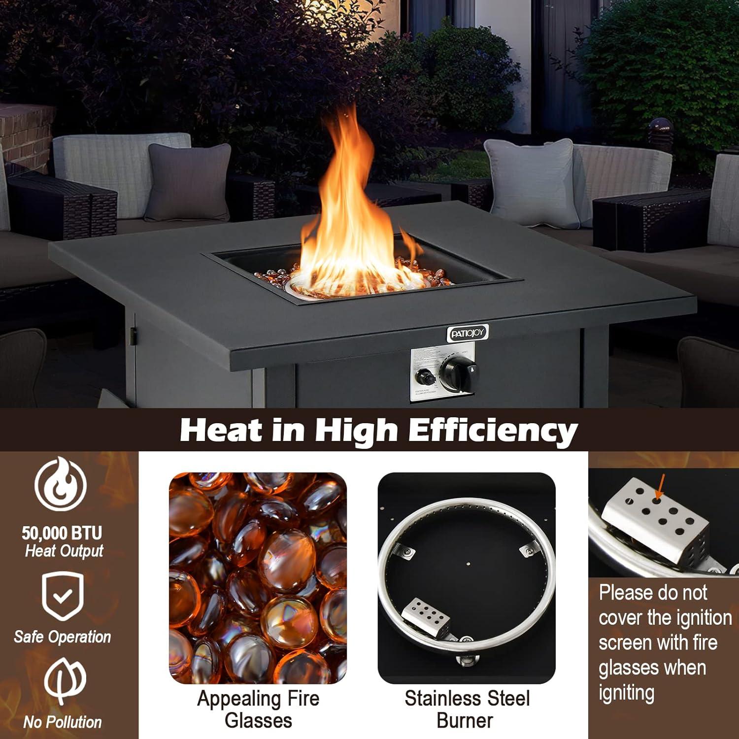 Tangkula 32 Inch Patio Propane Gas Fire Table 50,000 BTU Square Fire Pit Table w/ Clear Glass Rocks & PVC Protective Cover