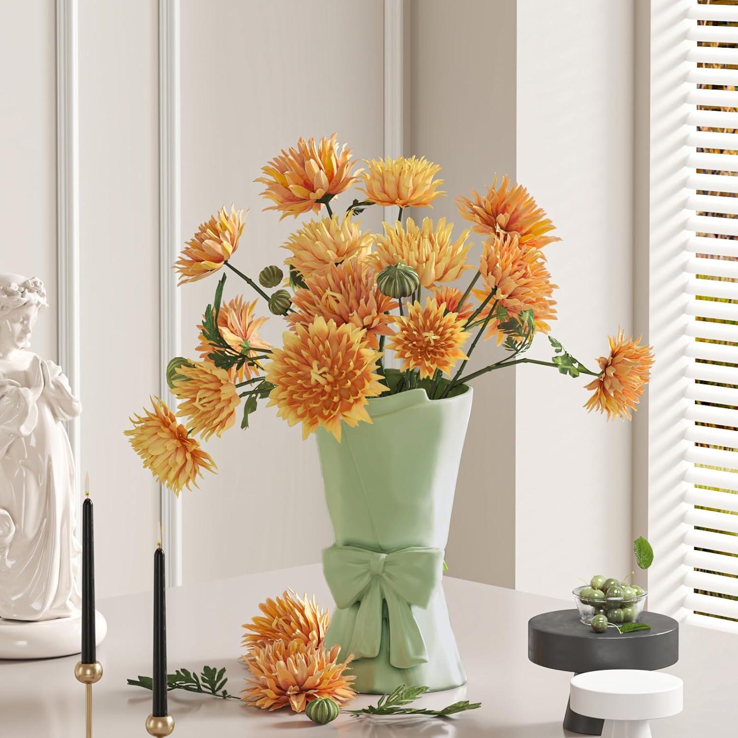 Green Ceramic Bow Vase 9.64 in Unique Cute Modern Decorative Bouquet Flower Vases for Home Living Room Table Decor Women Girl Gifts