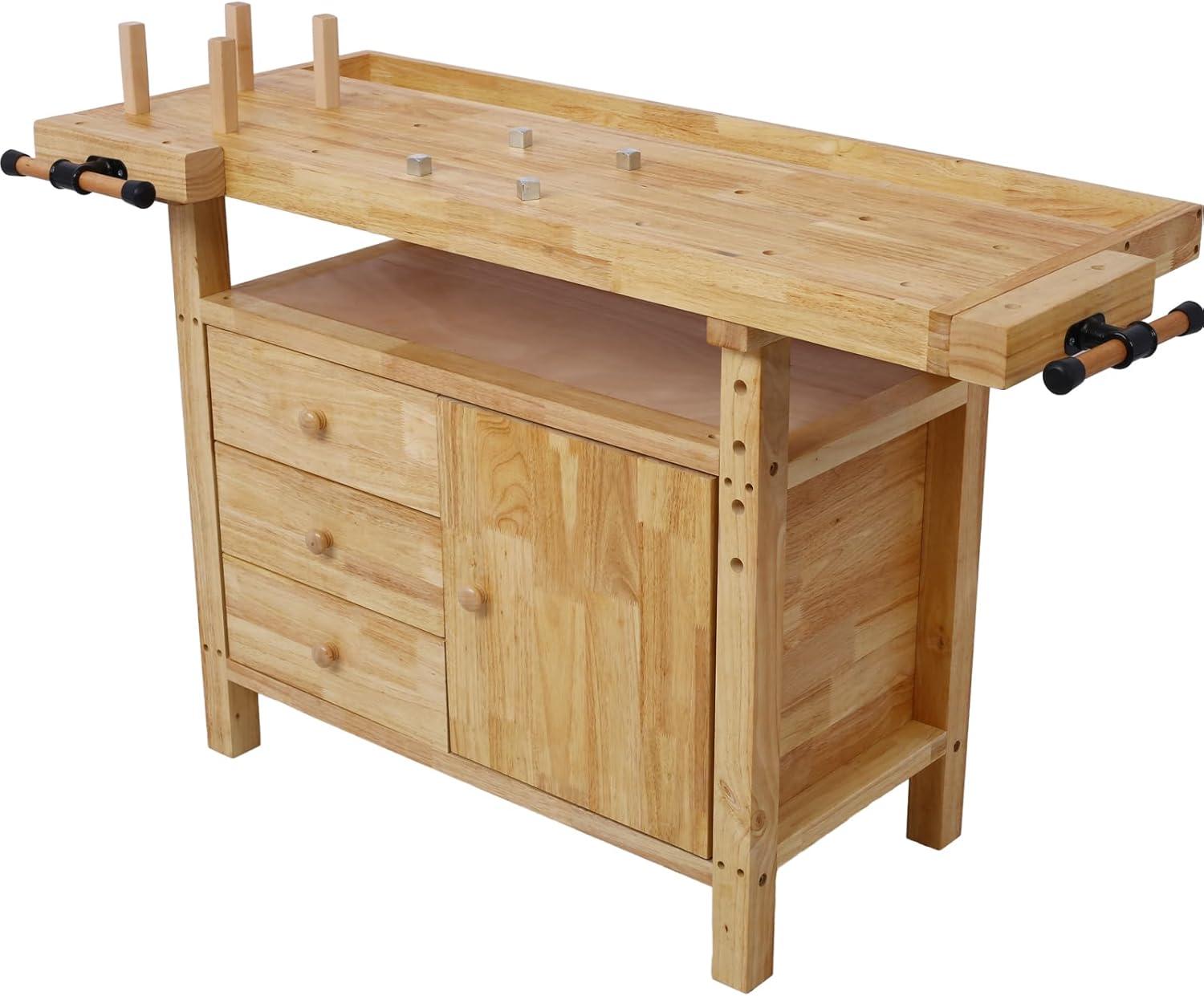 60" Natural Rubberwood Workbench with Drawers and Shelf