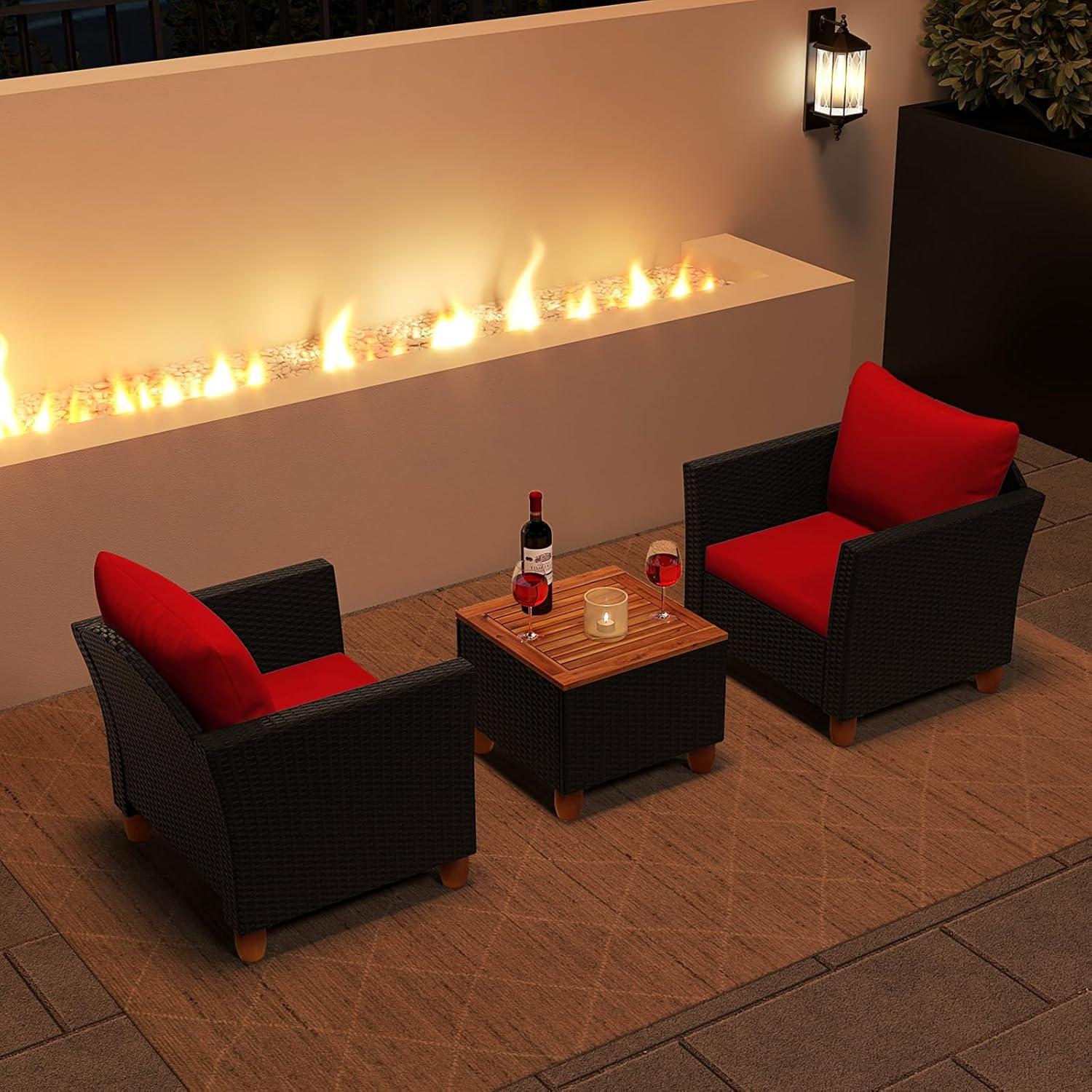 Tangkula 3PCS Patio Rattan Conversation Set Outdoor Furniture Set w/ Red Cushions