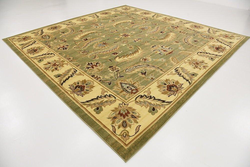 Green Floral Square Stain-Resistant Synthetic Area Rug