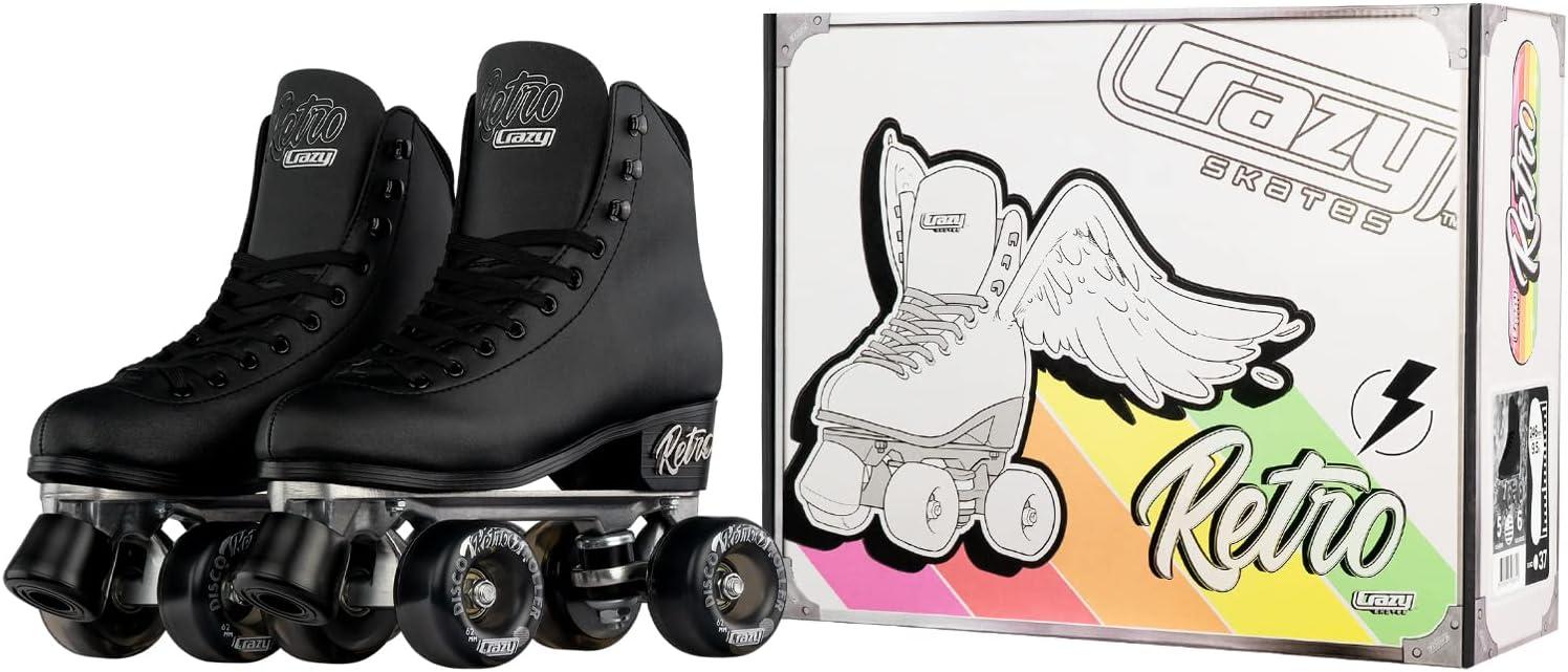 Crazy Skates Black Retro Roller Skates - Classic Style Quad Skates For Women And Girls - 6