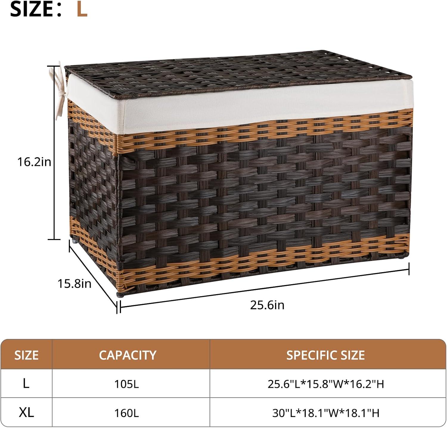SONGMICS Storage Basket with Lid, 27.7 Gallon (105L) Storage Bin, Woven Blanket Storage Basket with Handles, Foldable, Removable Liner Brown