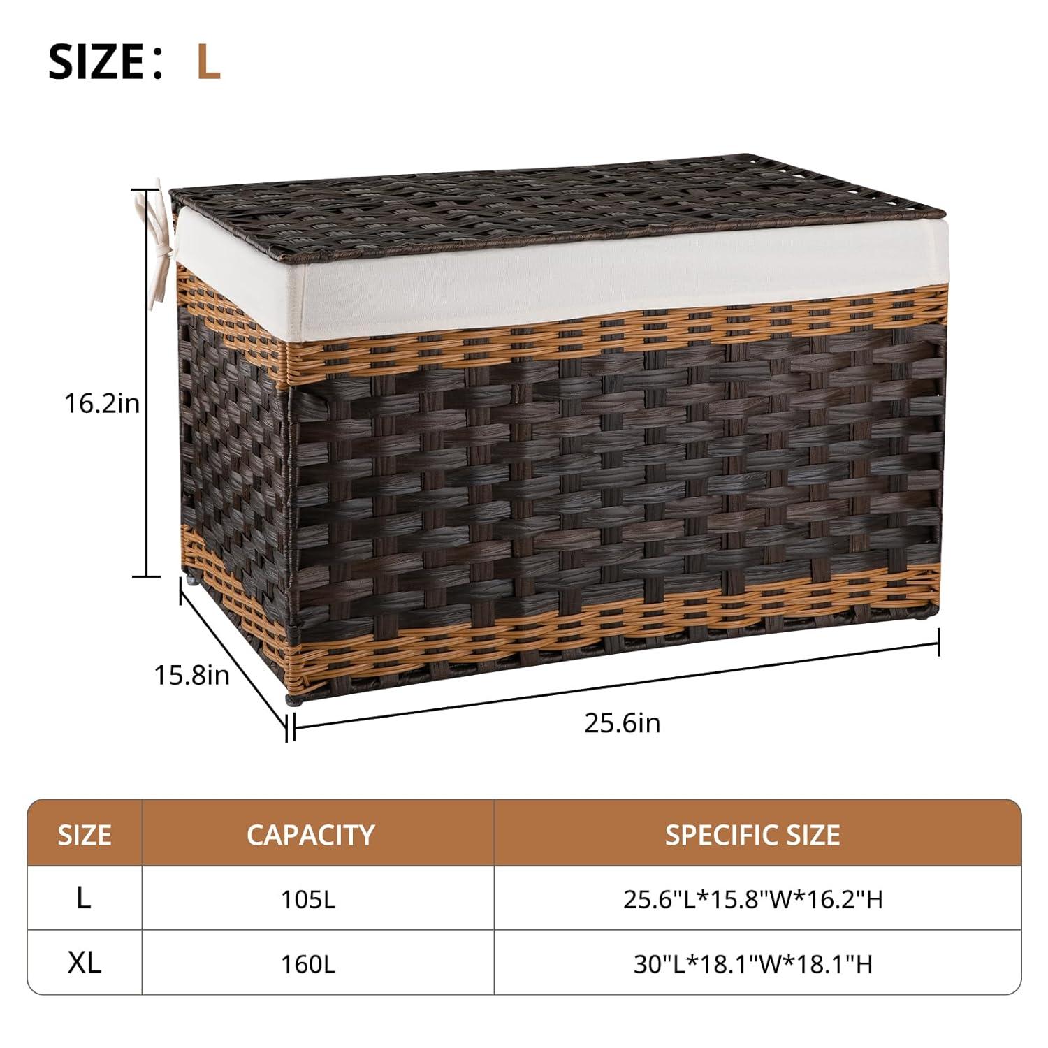 SONGMICS Storage Basket with Lid, 27.7 Gallon (105L) Storage Bin, Woven Blanket Storage Basket with Handles, Foldable, Removable Liner Brown