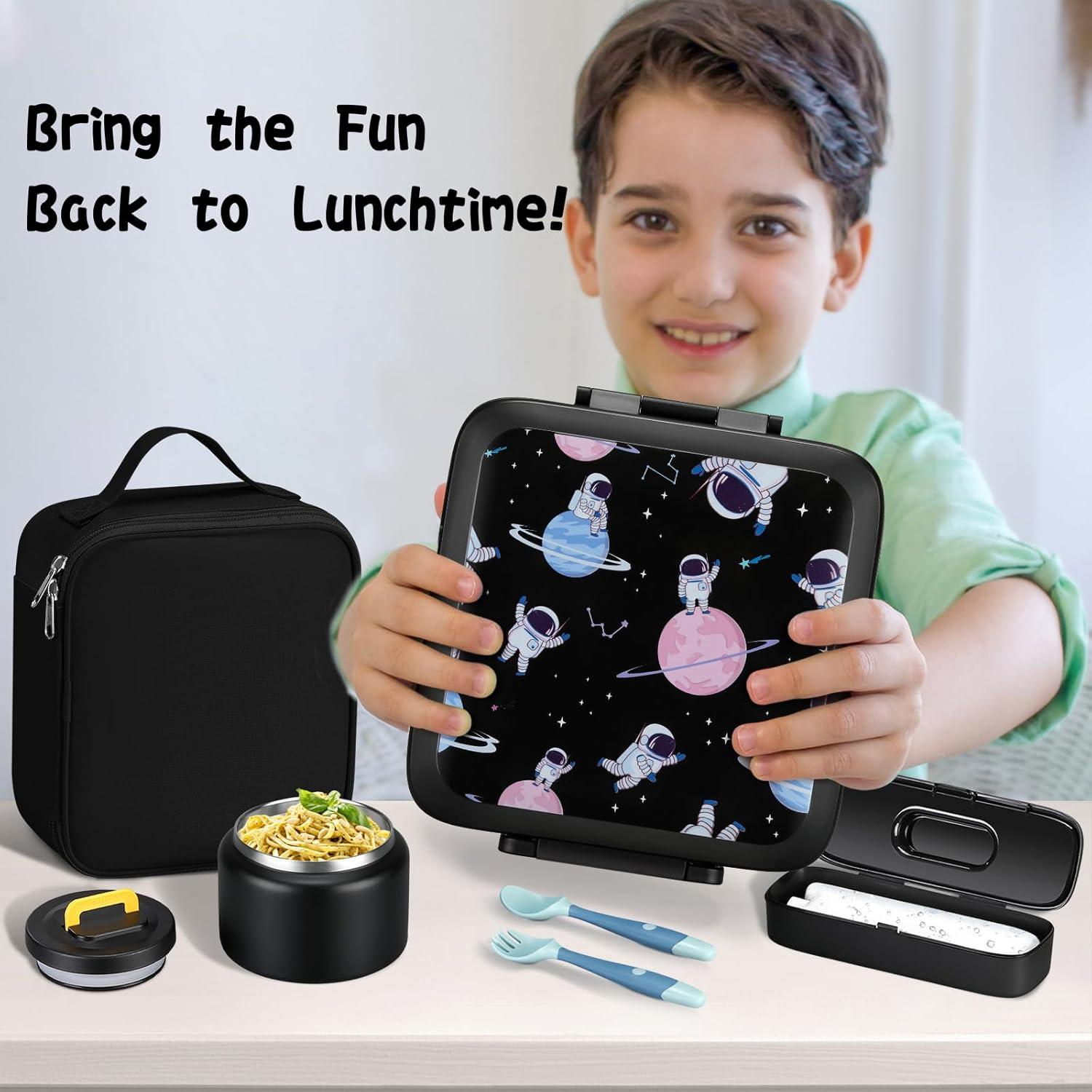 Bento Lunch Box for Kids With 8oz Soup thermo,Leak-proof Lunch Containers with 5 Compartment,thermo Food Jar and Lunch Bag, Food Containers for School (A-Black(Game Consoley))