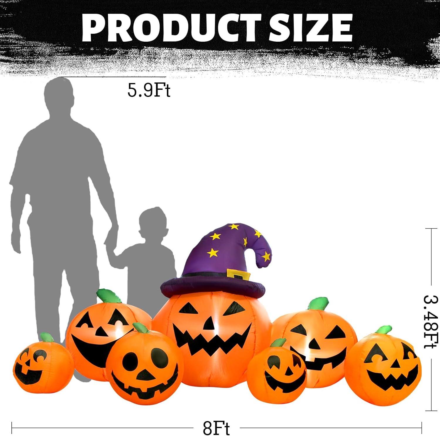 8FT Long Halloween Inflatables Outdoor Decorations, Haunted Inflatable Pumpkins With Witch Hat & Ghost Combo Blow Up Yard Decoration Built-In Leds Lighted For Lawn Garden Outside Indoor Decor