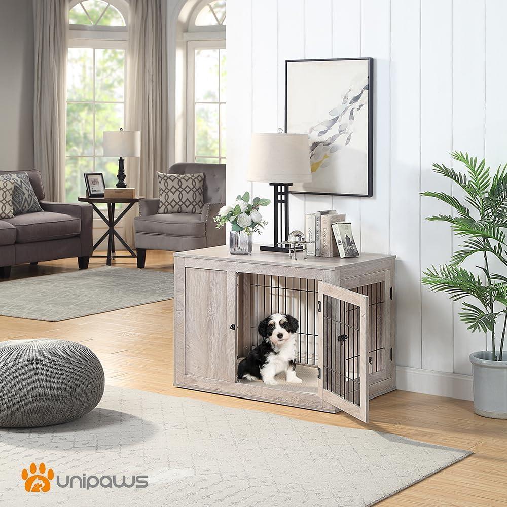 Unipaws Dog Crate End Table with Cushion, Wooden Wire Pet Kennels with Double Doors, Modern Design Dog House, Chew-Proof, Walnut