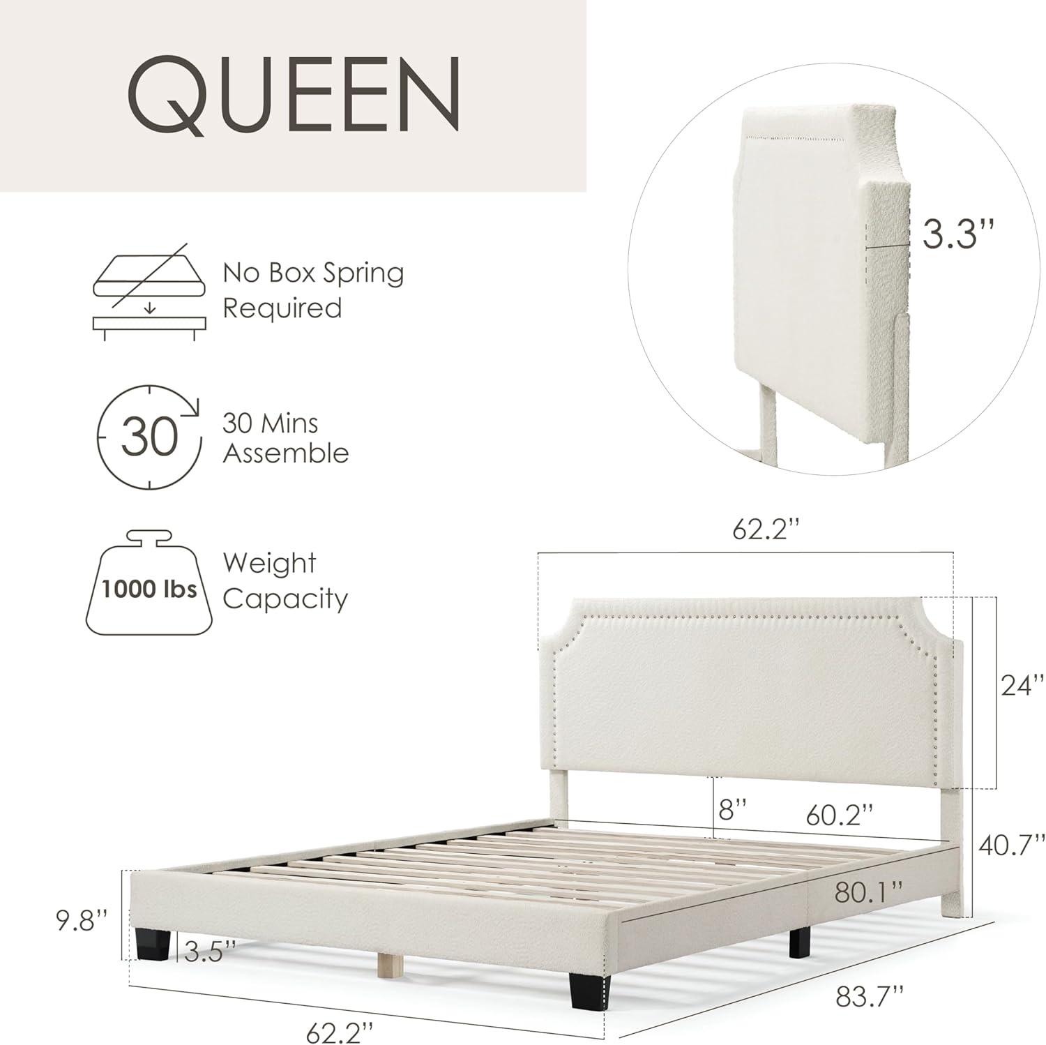 24/7 Shop At Home Queen Heartwild Modern Boucle Upholstered Nailhead Trim Platform Bed White: Polyester, Wood Frame, No Box Spring Needed