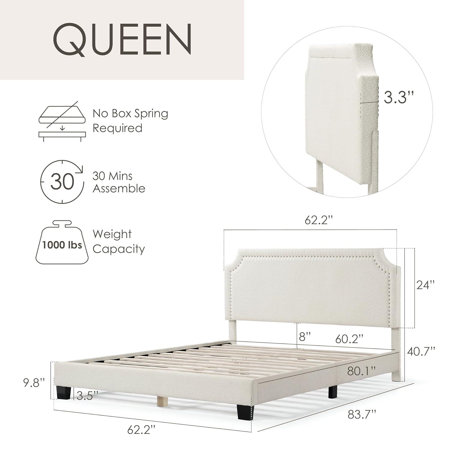 24/7 Shop At Home Queen Heartwild Modern Boucle Upholstered Nailhead Trim Platform Bed White: Polyester, Wood Frame, No Box Spring Needed