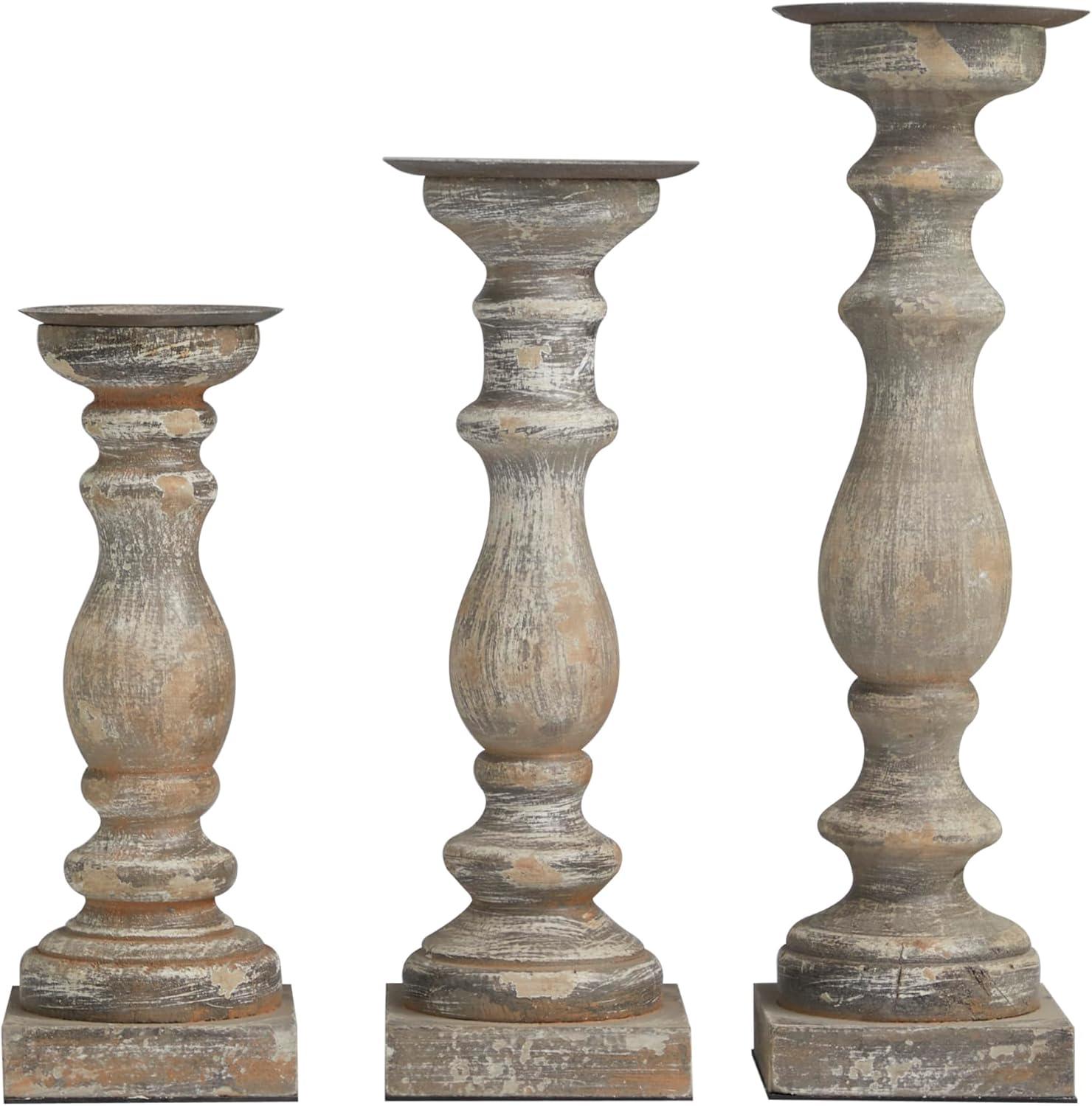 Elegant Rustic Brown Wooden Candlestick Trio, 15" Height